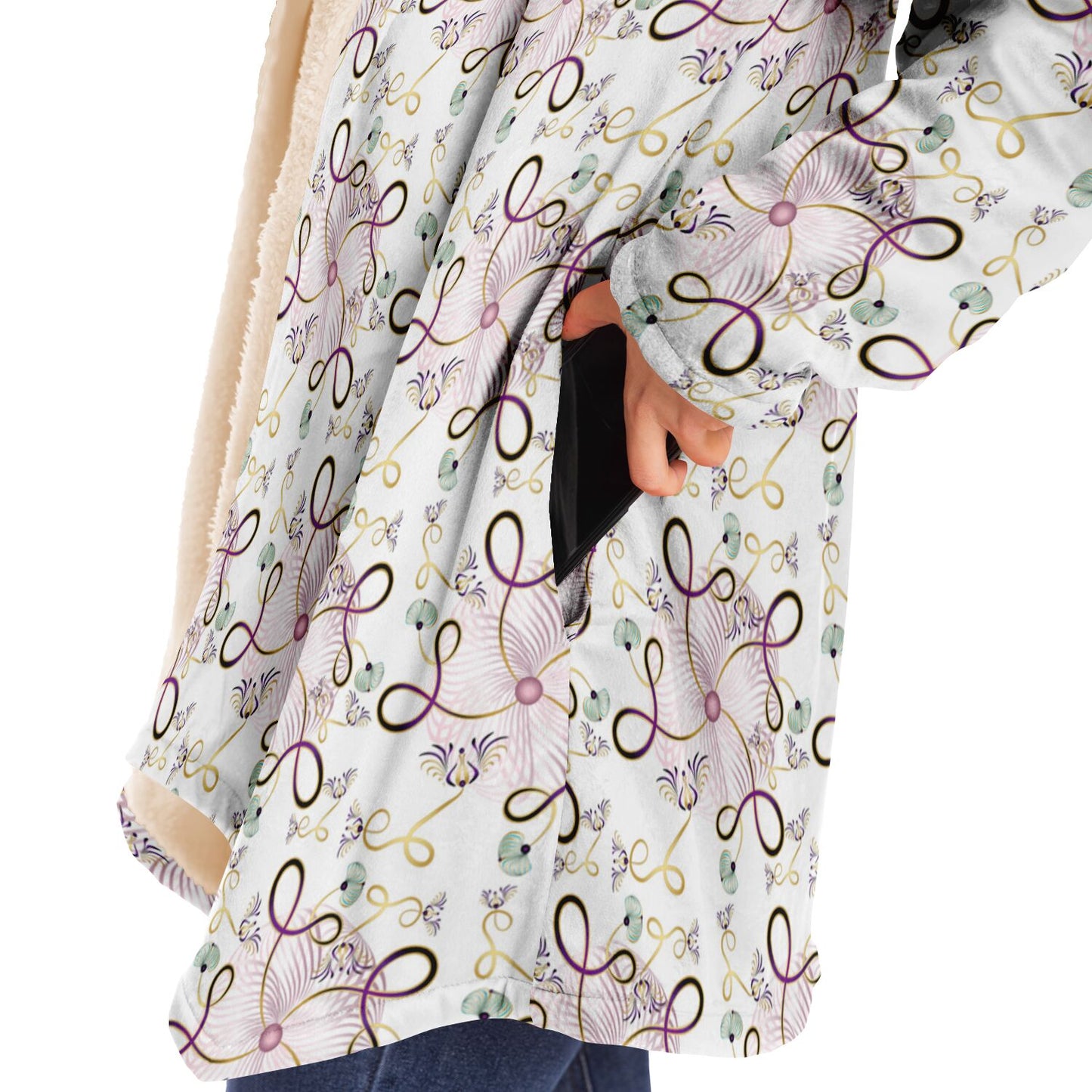 Microfleece Cloak - AOP Kukloso Whimsical No 25 Pink, Gold abstract shapes on White - Free Shipping