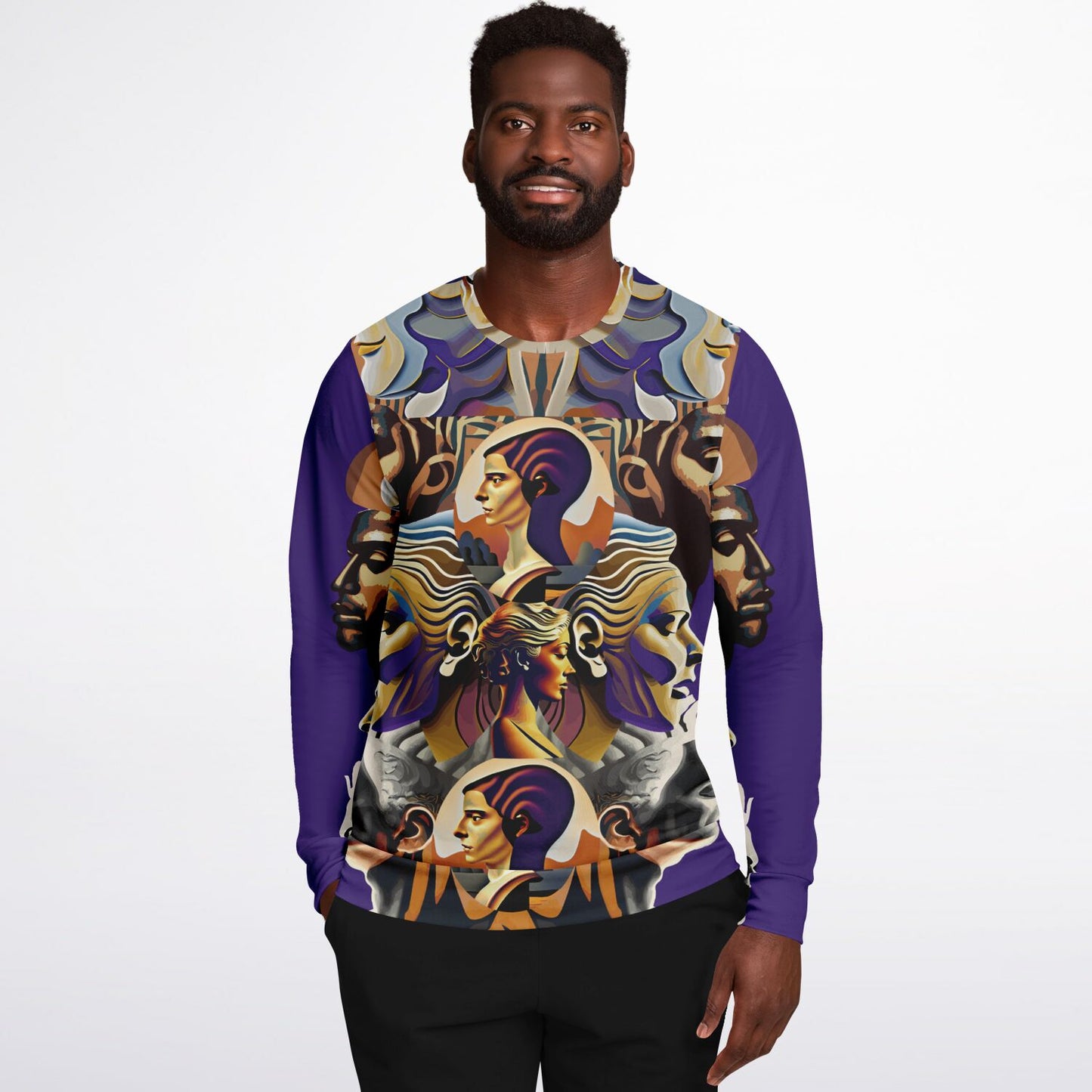 Athletic Sweatshirt - AOP Kukloso Cubist Faces No 54 on Purple - Free Shipping