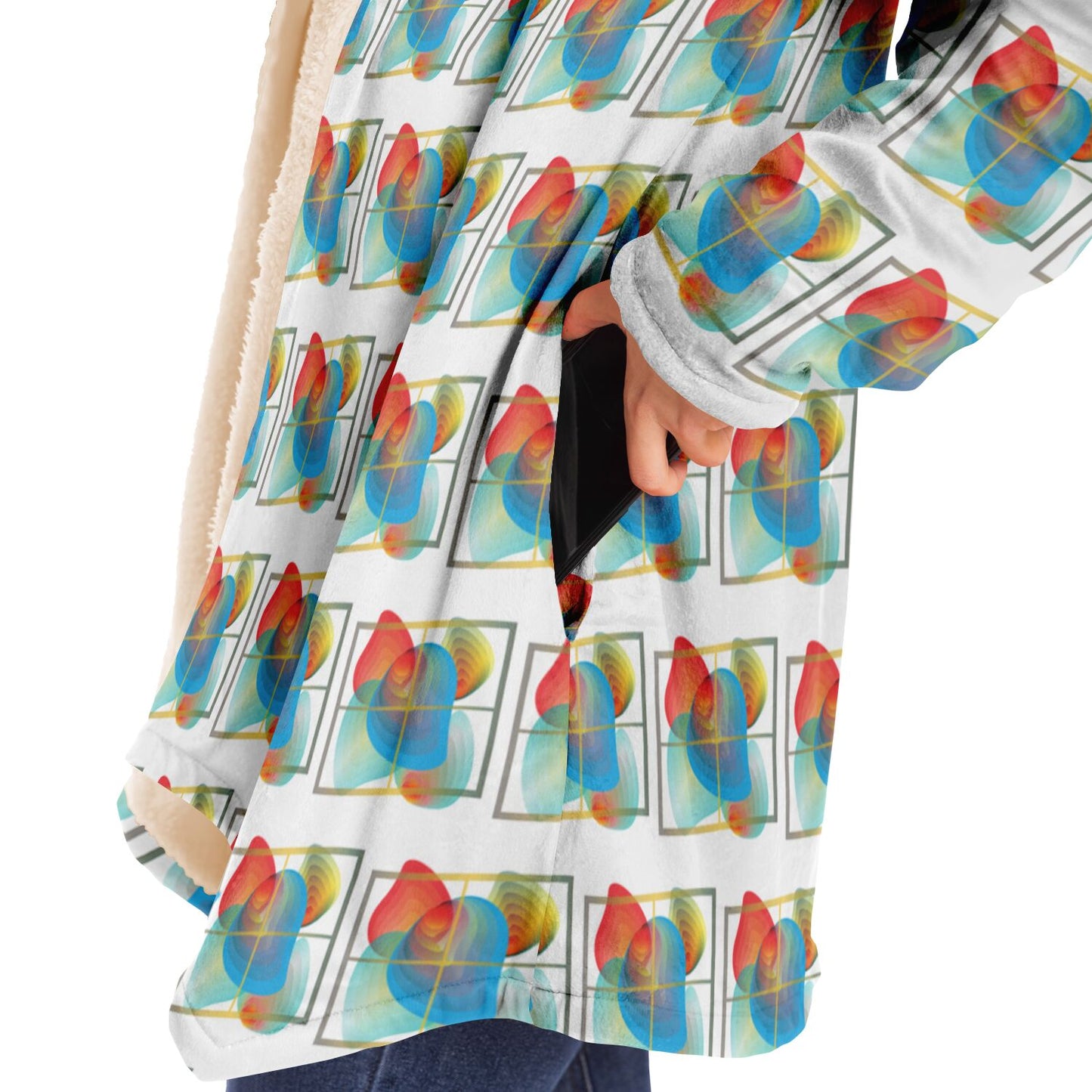 Microfleece Cloak - AOP Kukloso Whimsical No 50 Abstract shapes Aqua, Green, Orange on White - Free Shipping