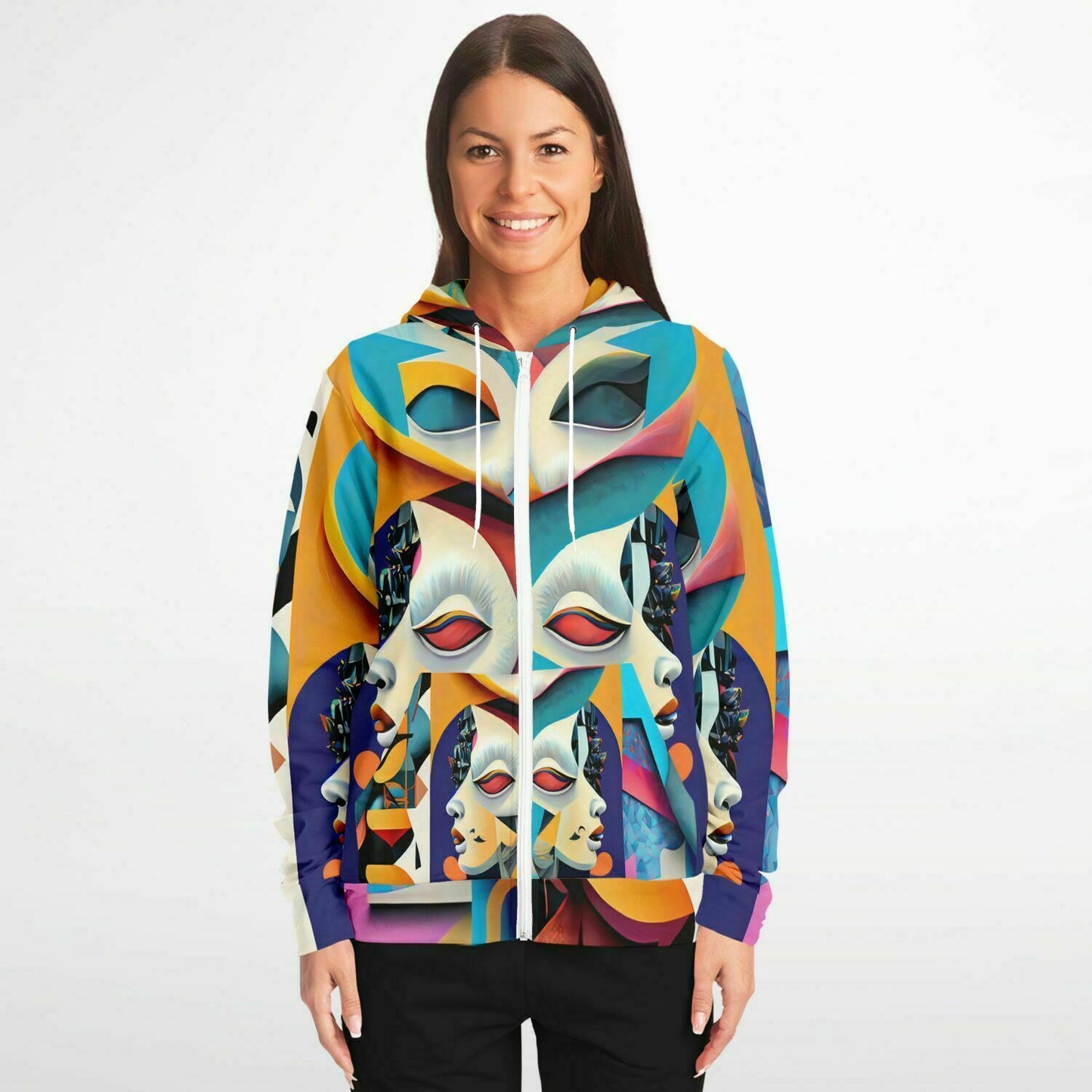 Fashion Zip-Up Hoodie - AOP Kukloso Cubist Faces No 4 Multicolored - Free Shipping