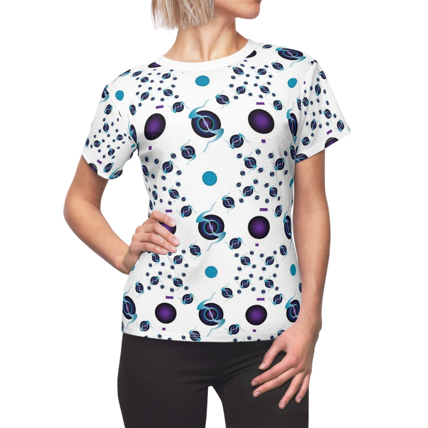 Women's Cut & Sew Tee (AOP) Kukloso Abstractical No 225 Dark Purple, Navy, Aqua on White - Free Shipping