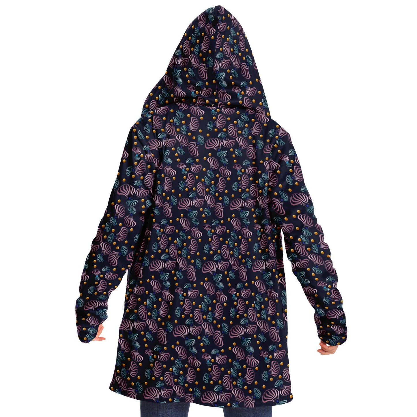 Microfleece Cloak - AOP Kukloso Whimsical No 81 Pink, Aqua, Gold on Navy - Free Shipping