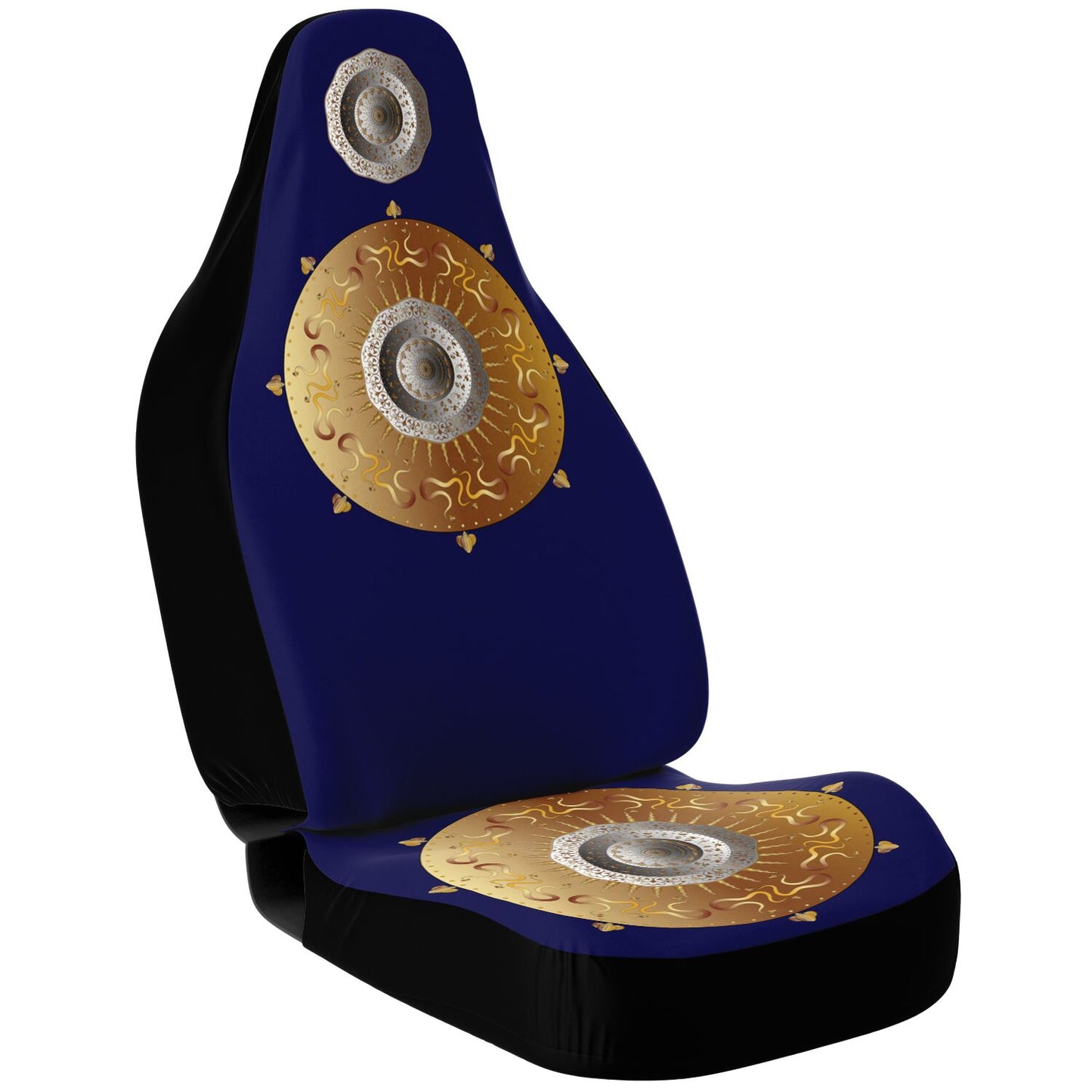 Car Seat Cover - AOP Kukloso Intricate Mandala design, Gold & Silver colors on Navy - Free Shipping