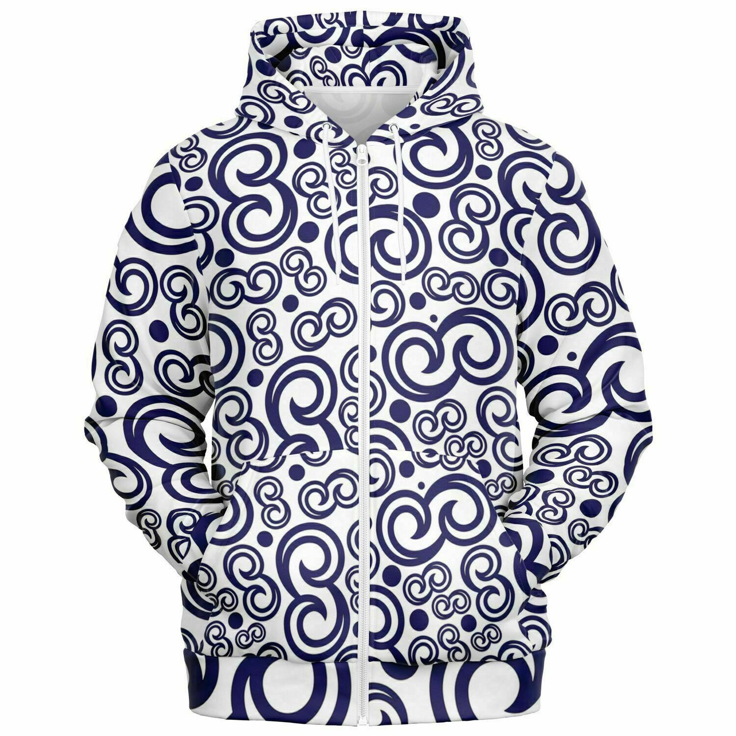 Fashion Zip-Up Hoodie - AOP Kukloso Fleurons No 7 Navy on White - Free Shipping