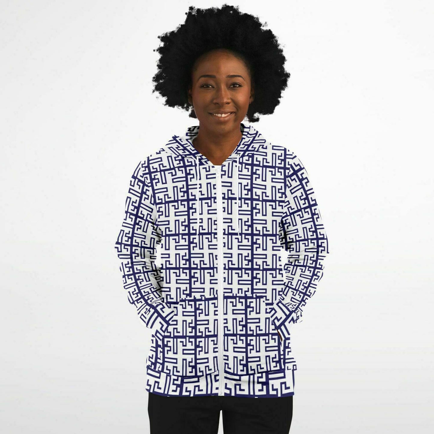 Fashion Zip-Up Hoodie - AOP Kukloso Greek Border No 53 Navy on White - Free Shipping