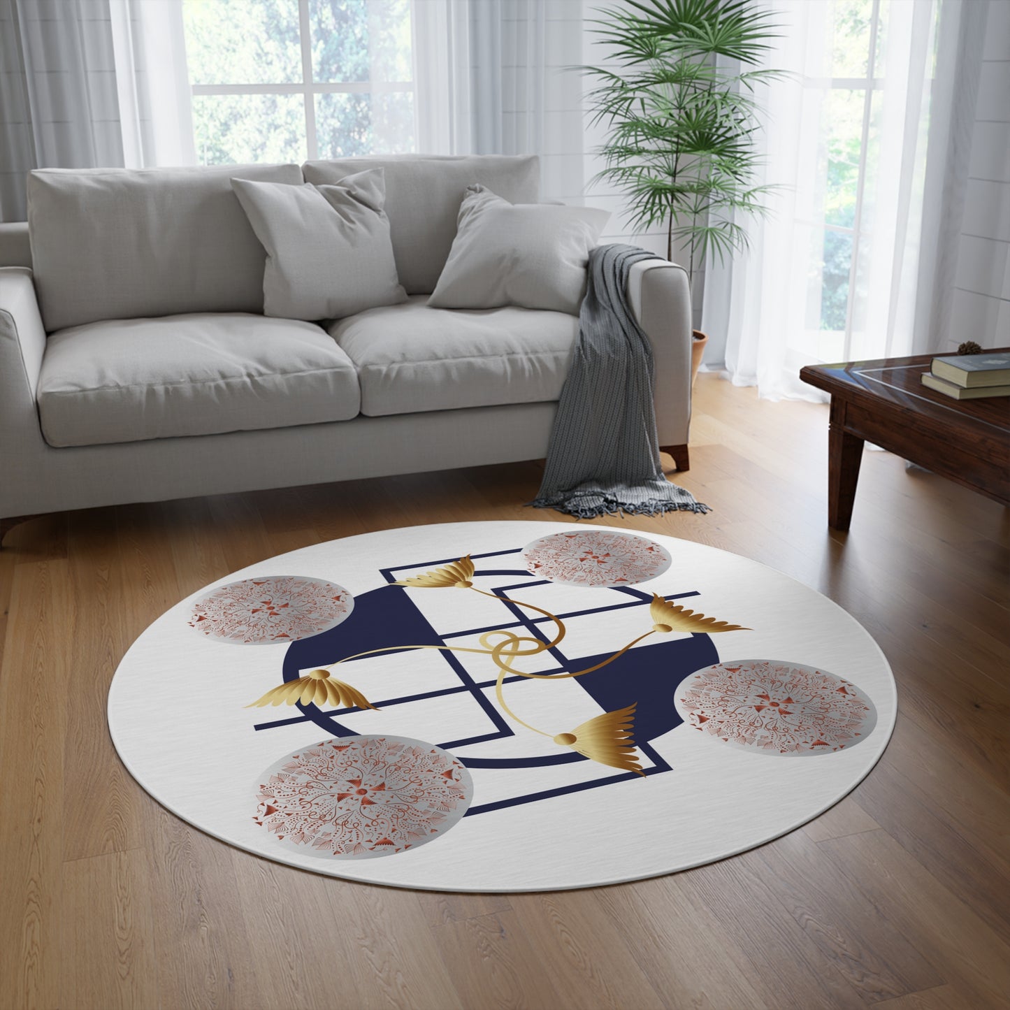 Round Rug KUkloso No 4395 Mandala w Abstract Shapes on White Free Shipping