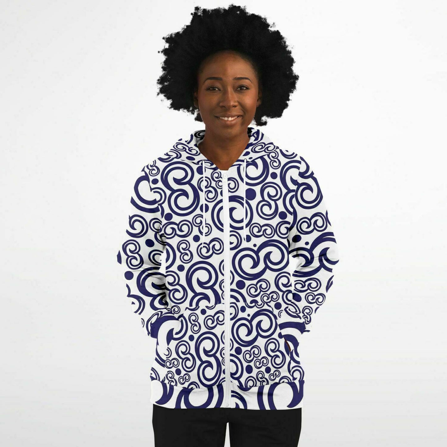 Fashion Zip-Up Hoodie - AOP Kukloso Fleurons No 7 Navy on White - Free Shipping