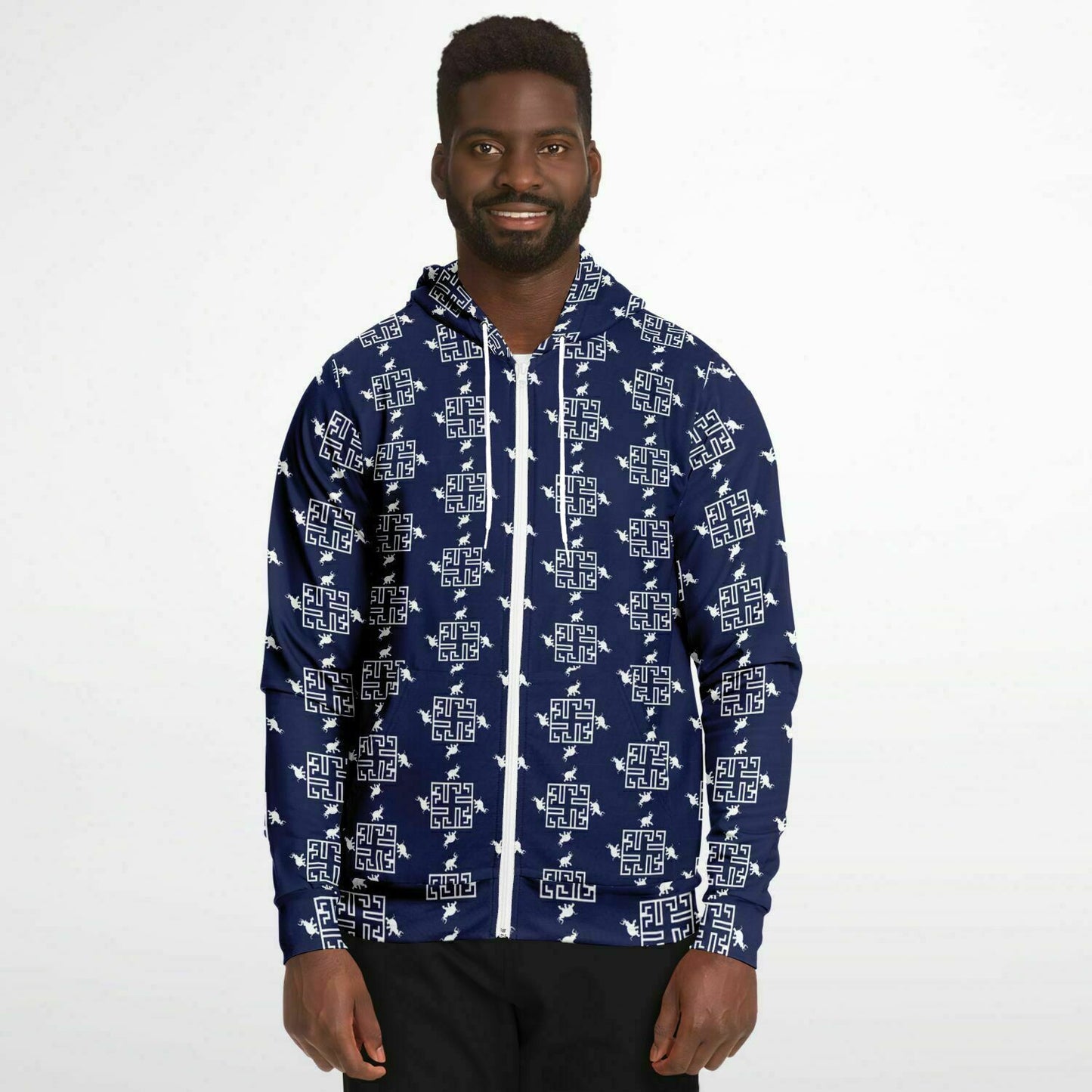 Fashion Zip-Up Hoodie - AOP Kukloso Greek Border No 96 Elephants Navy & White - Free Shipping