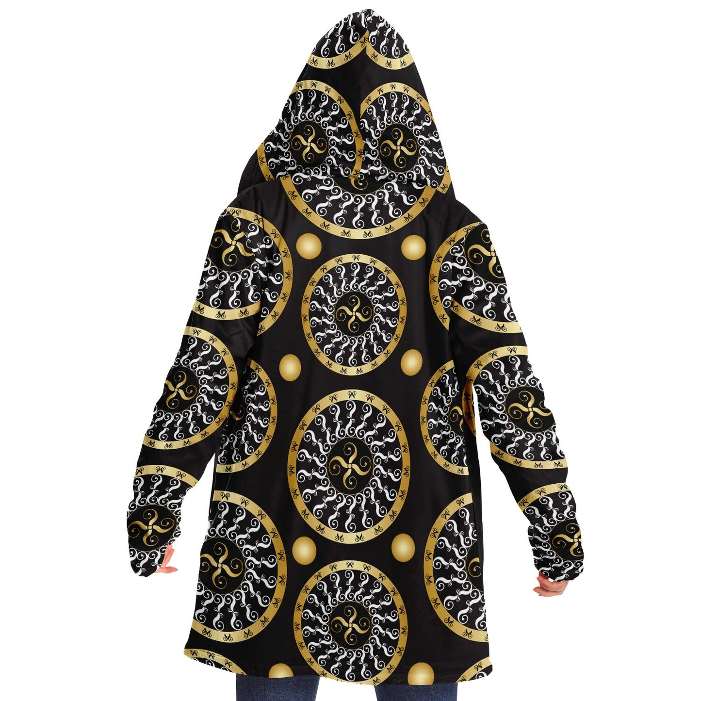 Microfleece Cloak - AOP Kukloso Abstractical No 173 Gold & White Mandala on Black - Free Shipping
