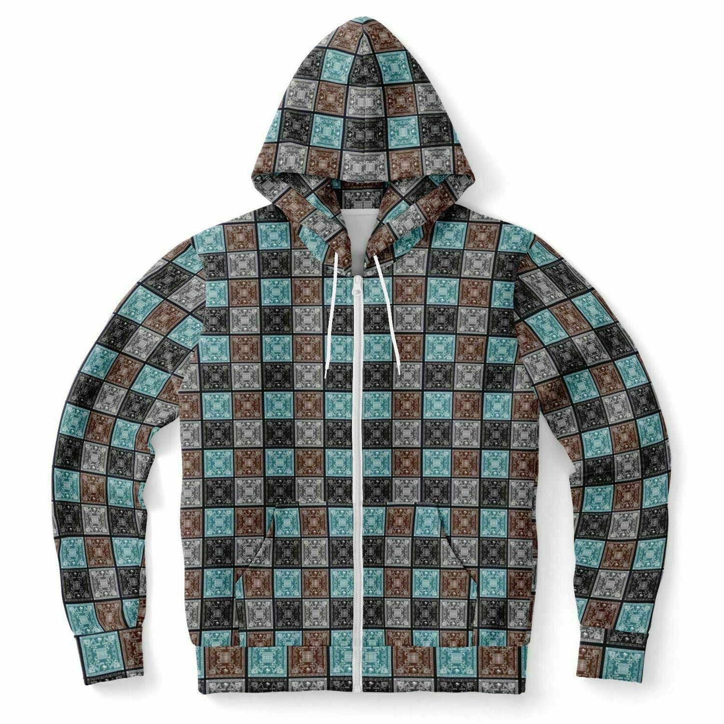 Fashion Zip-Up Hoodie - AOP Kukloso Greek Border No 44 No 1 Carpe Diem - Chocolate, Silver & Blue-Green on Black - Free Shipping