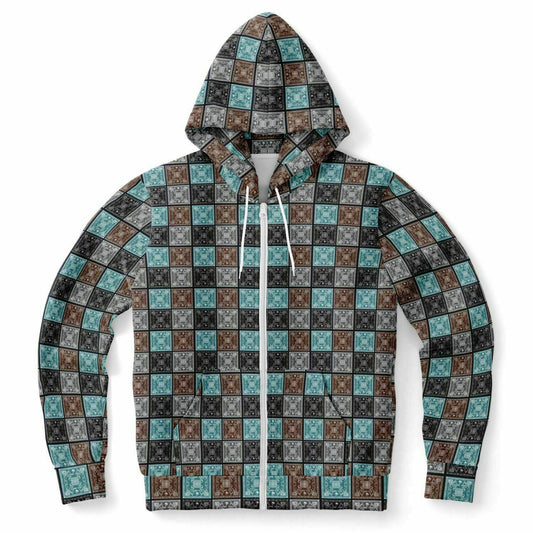 Fashion Zip-Up Hoodie - AOP Kukloso Greek Border No 44 No 1  Carpe Diem - Chocolate, Silver & Blue-Green on Black - Free Shipping