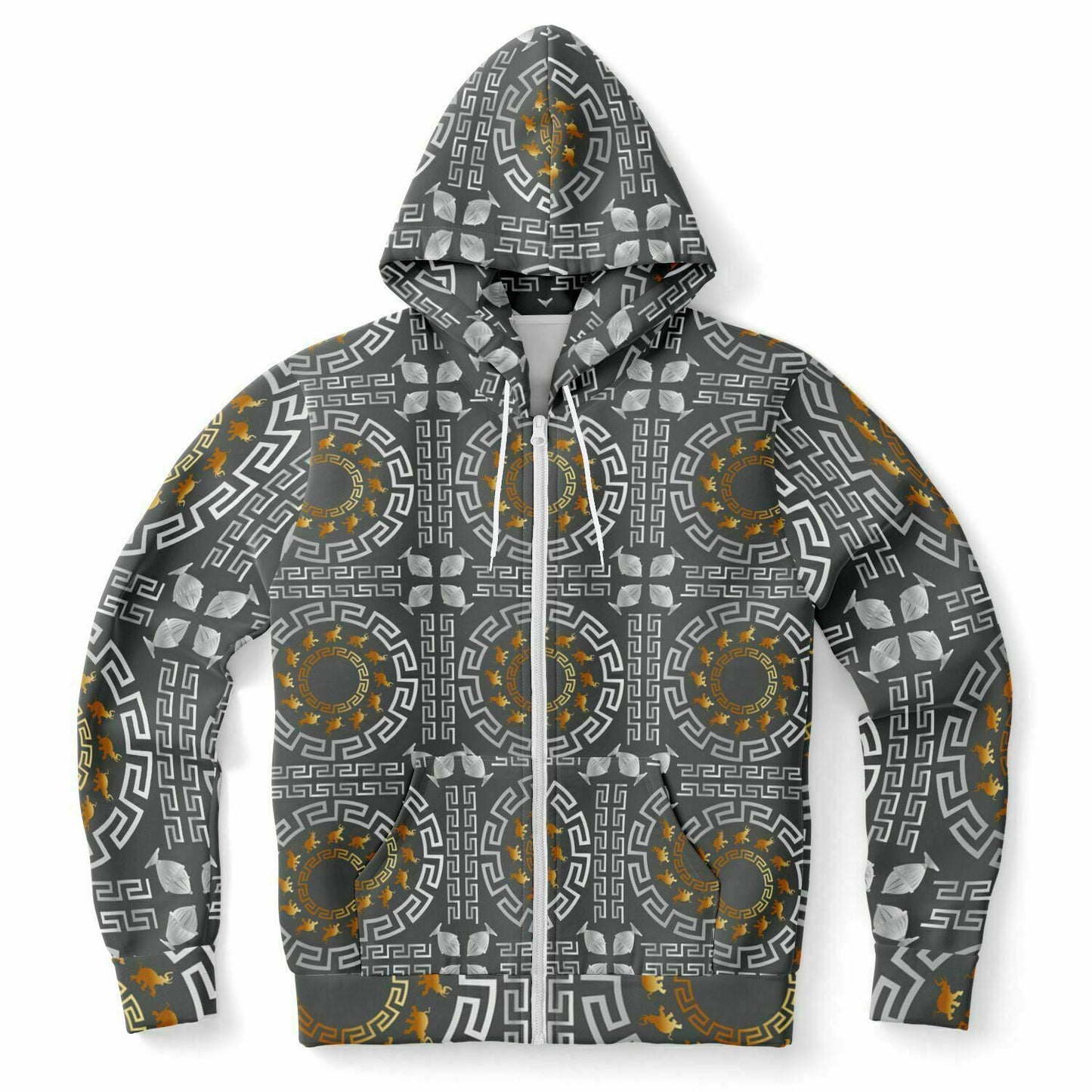 Fashion Zip-Up Hoodie - AOP Kukloso Greek Border with Elephant No 40 Silver & Gold on Gray - Free Shipping