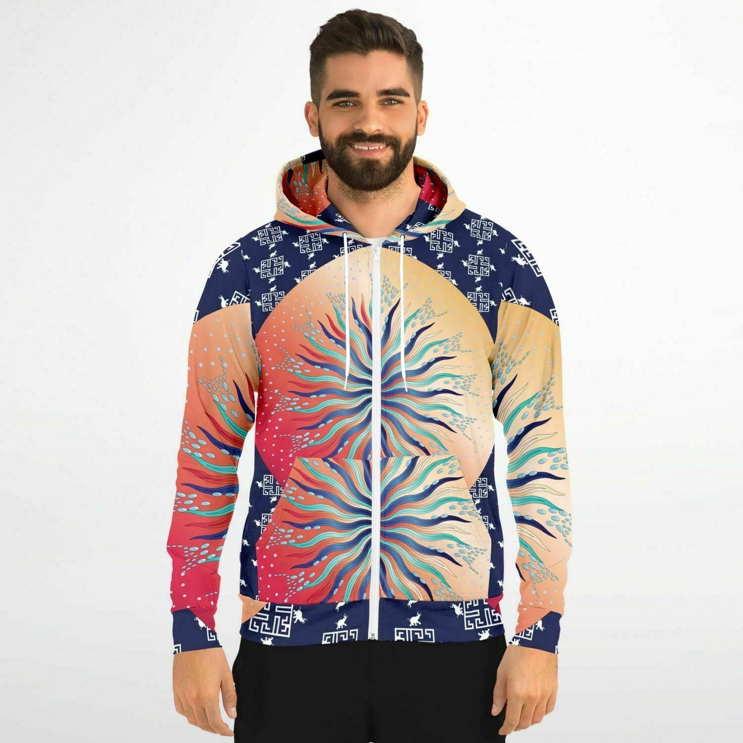 Fashion Zip-Up Hoodie - AOP Kukloso Mandala No 5A Multicolored Combo on a Greek Border - Free Shipping