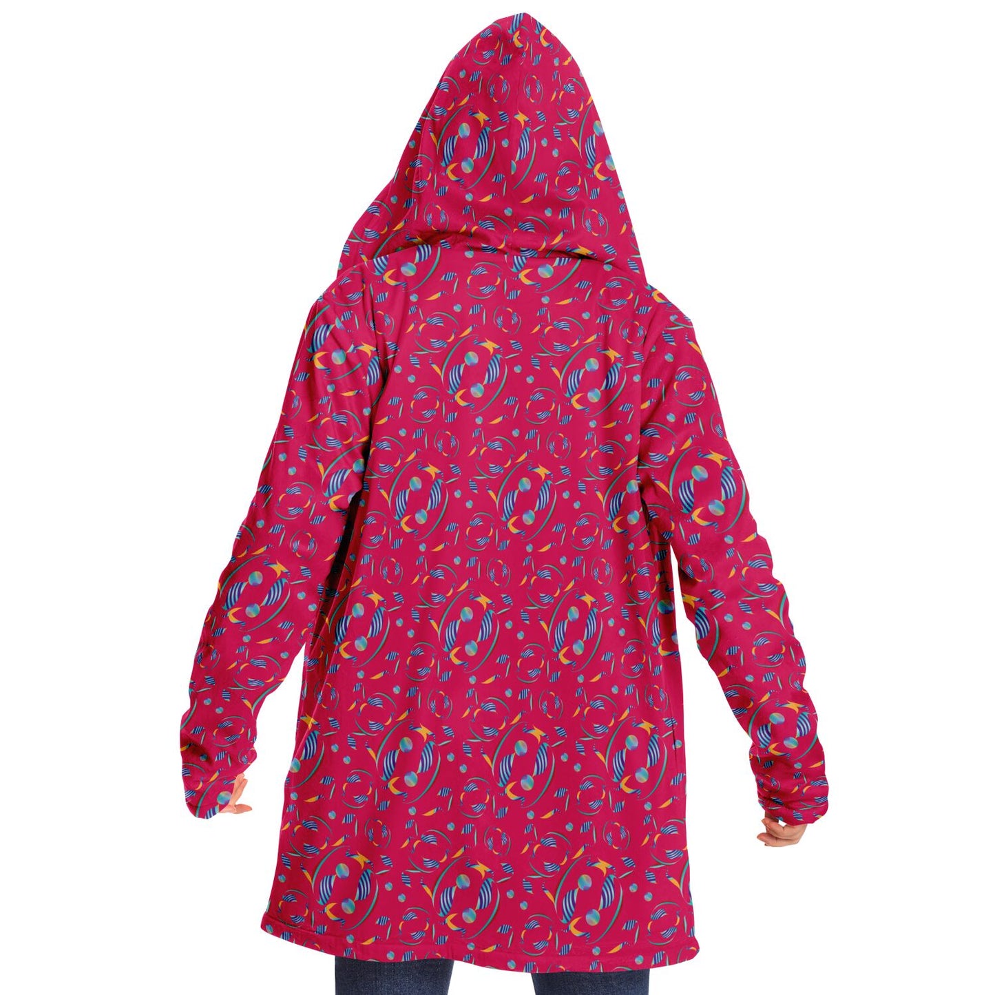 Microfleece Cloak - AOP Kukloso Whimsical No 8 Abstract Aqua,Navy & Yellow shapes on Magenta bkgd. - Free Shipping