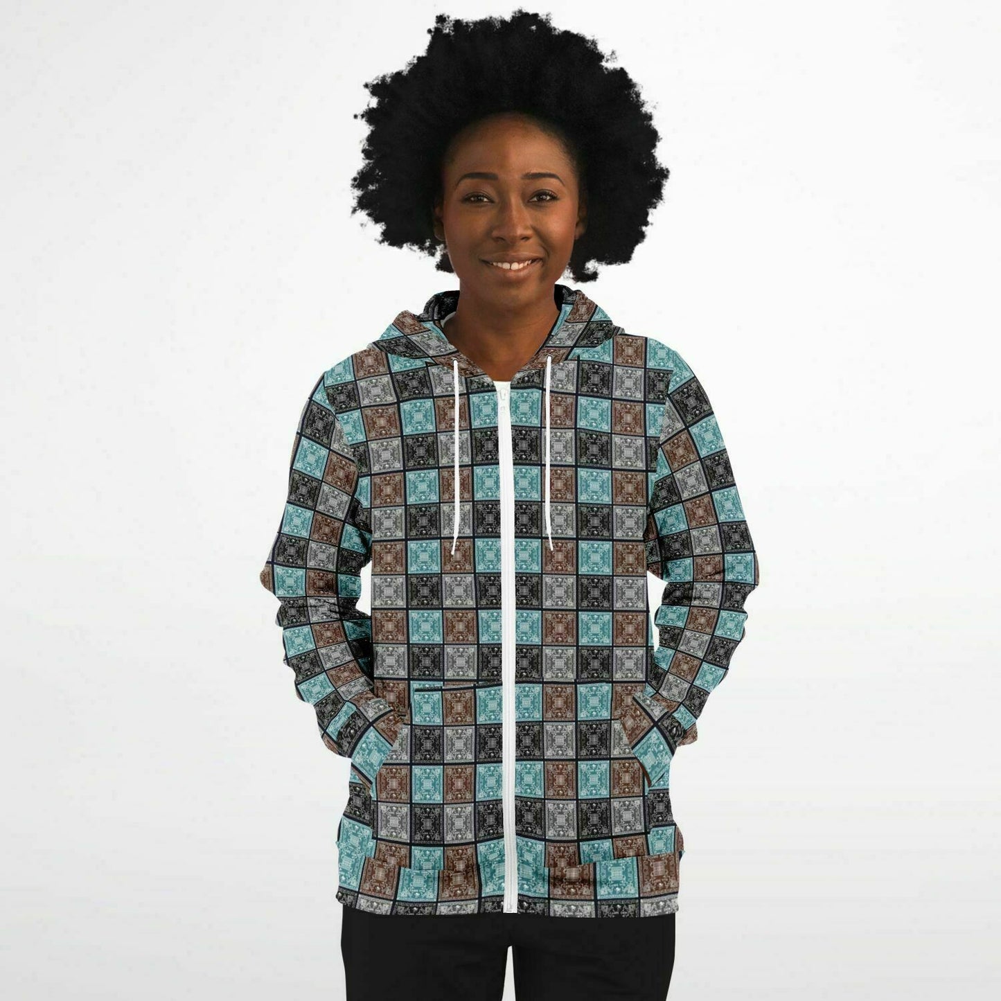 Fashion Zip-Up Hoodie - AOP Kukloso Greek Border No 44 No 1 Carpe Diem - Chocolate, Silver & Blue-Green on Black - Free Shipping