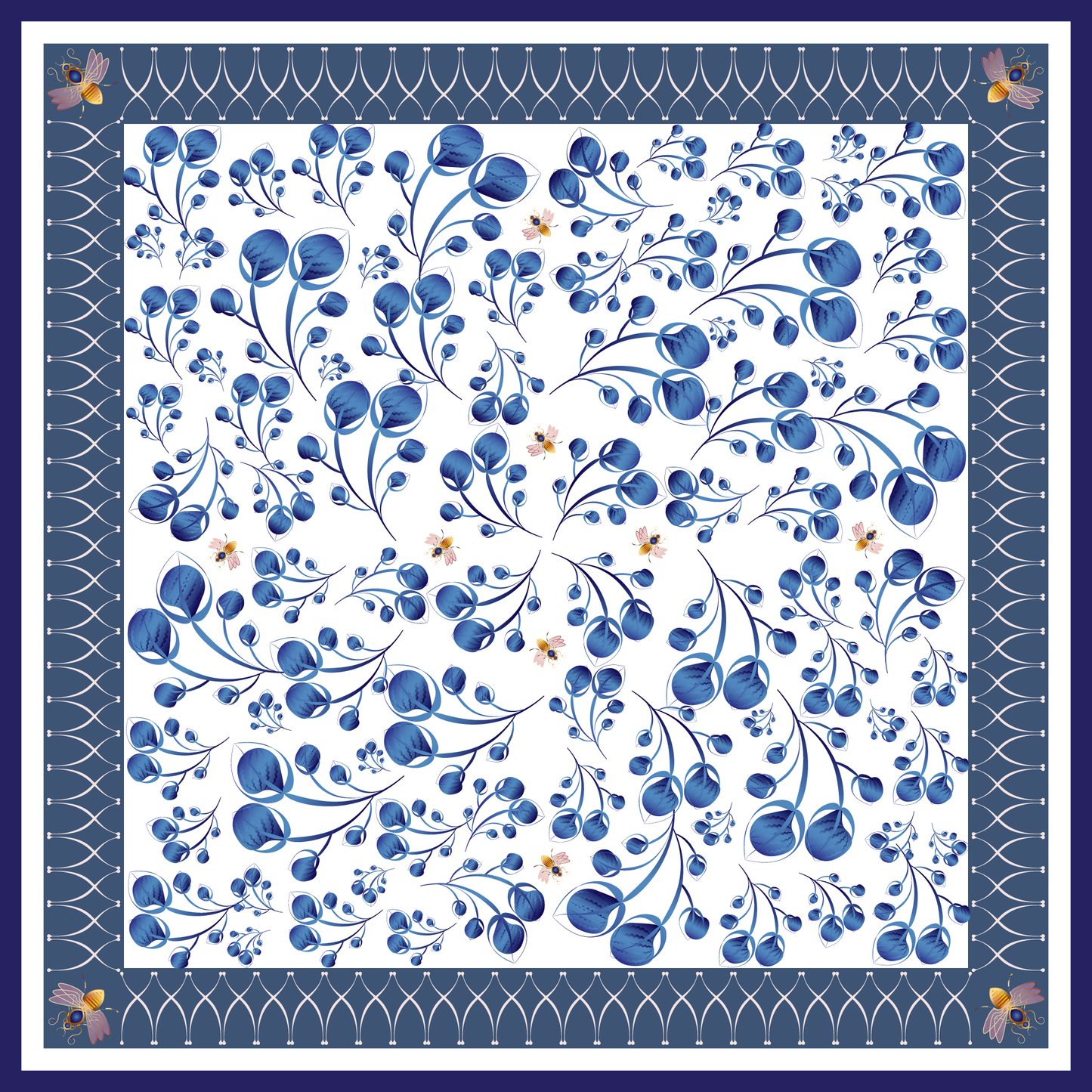 100% Silk Charmeuse Square Scarf Blue Abstract Florals No 3