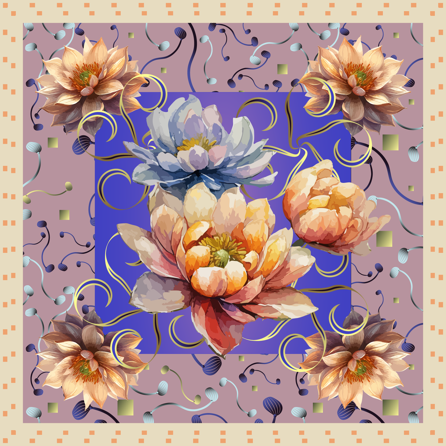 100% Silk Charmeuse Square Scarf Abstract Florals No 5