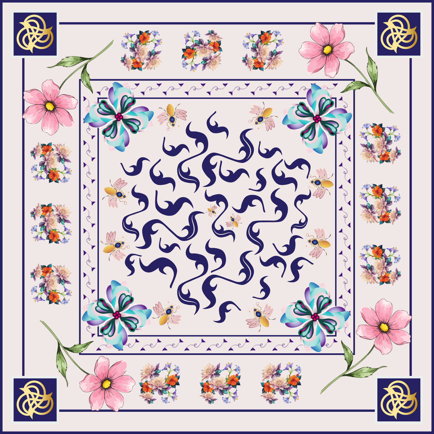 100% Silk Charmeuse Square Scarf Abstract Florals No 7