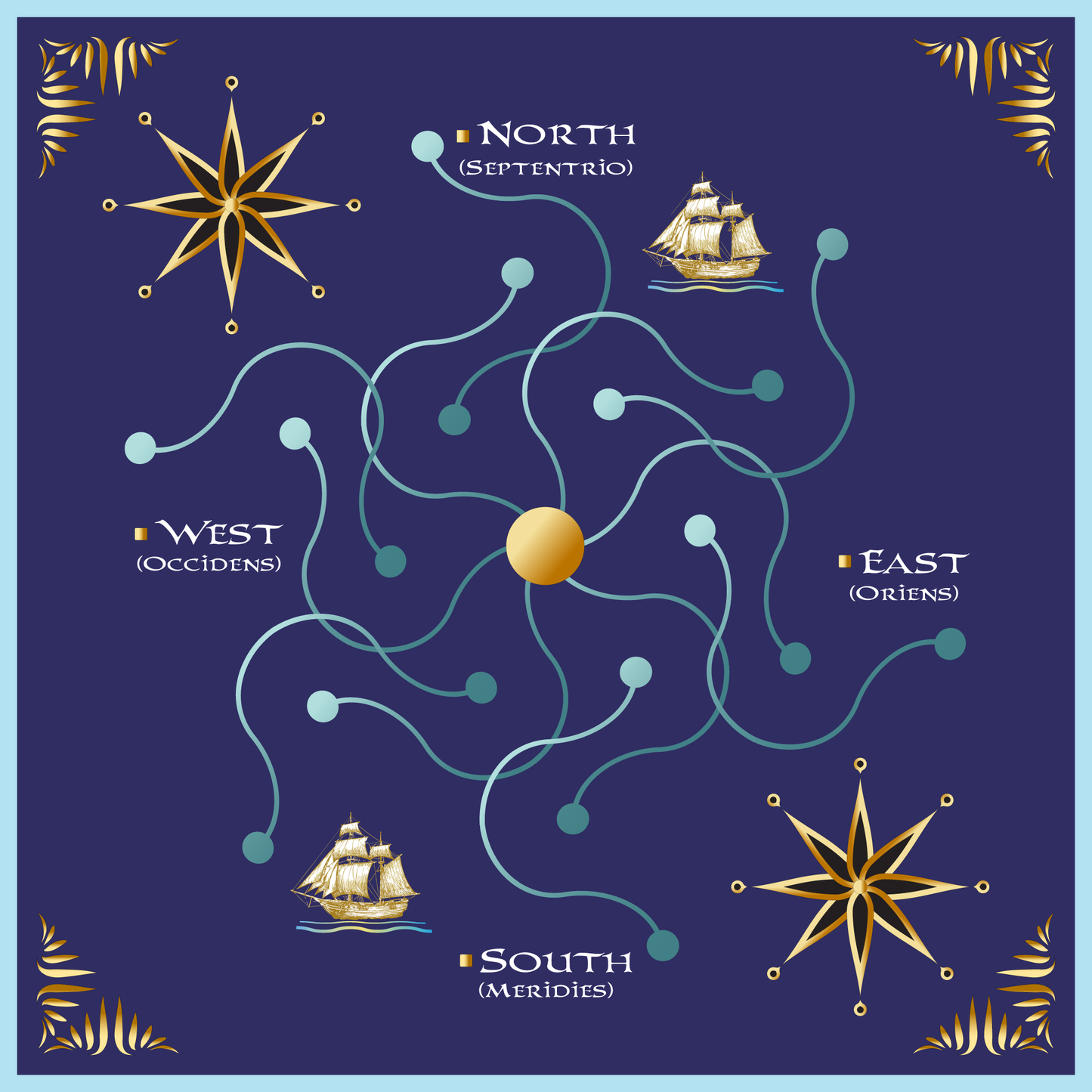 100% Silk Charmeuse Square Scarf Blue Winds Compass