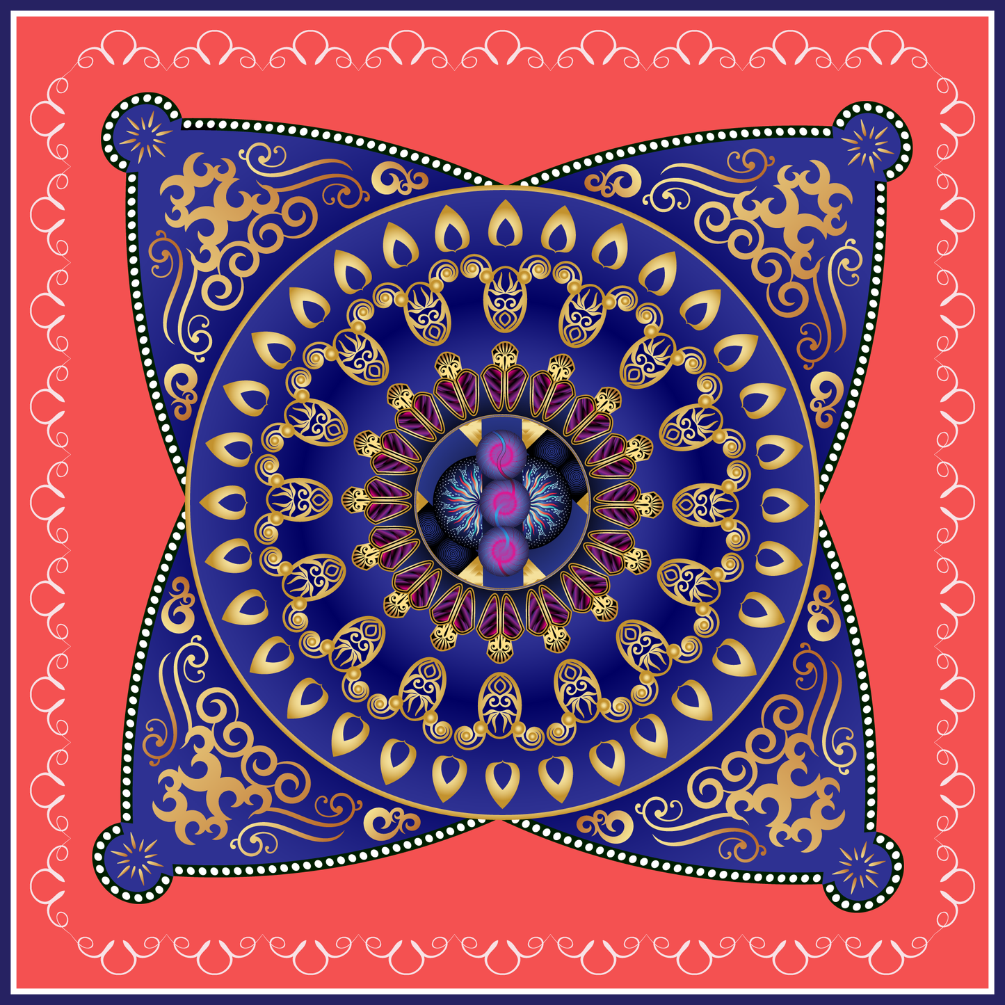 100% Silk Charmeuse Square Scarf Blue Mandala on Orange