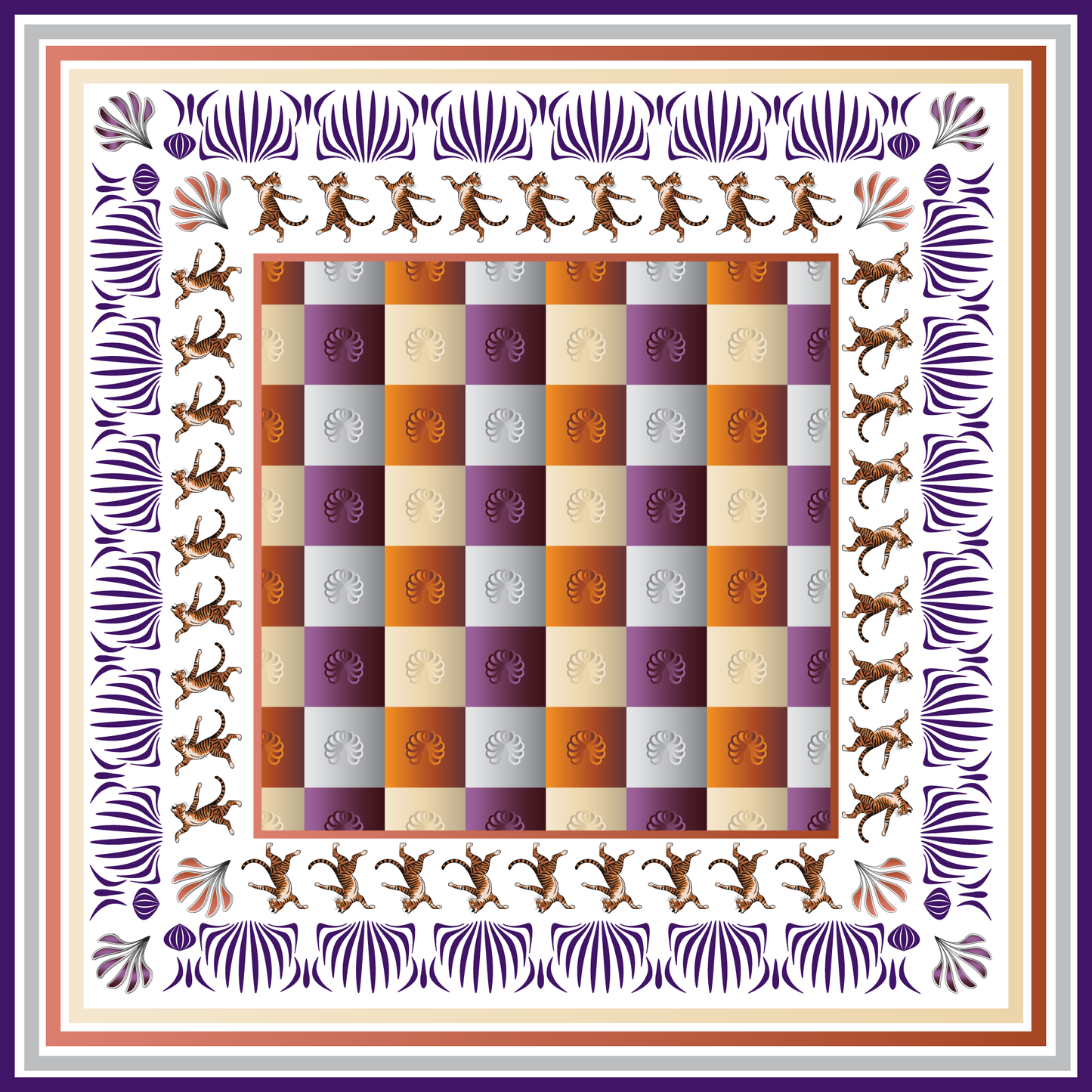 100% Silk Charmeuse Square Scarf Checkerboard Cats