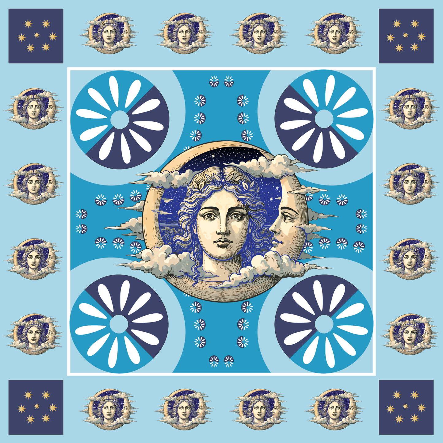 100% Silk Charmeuse Square Scarf Crescent Moon in Blue