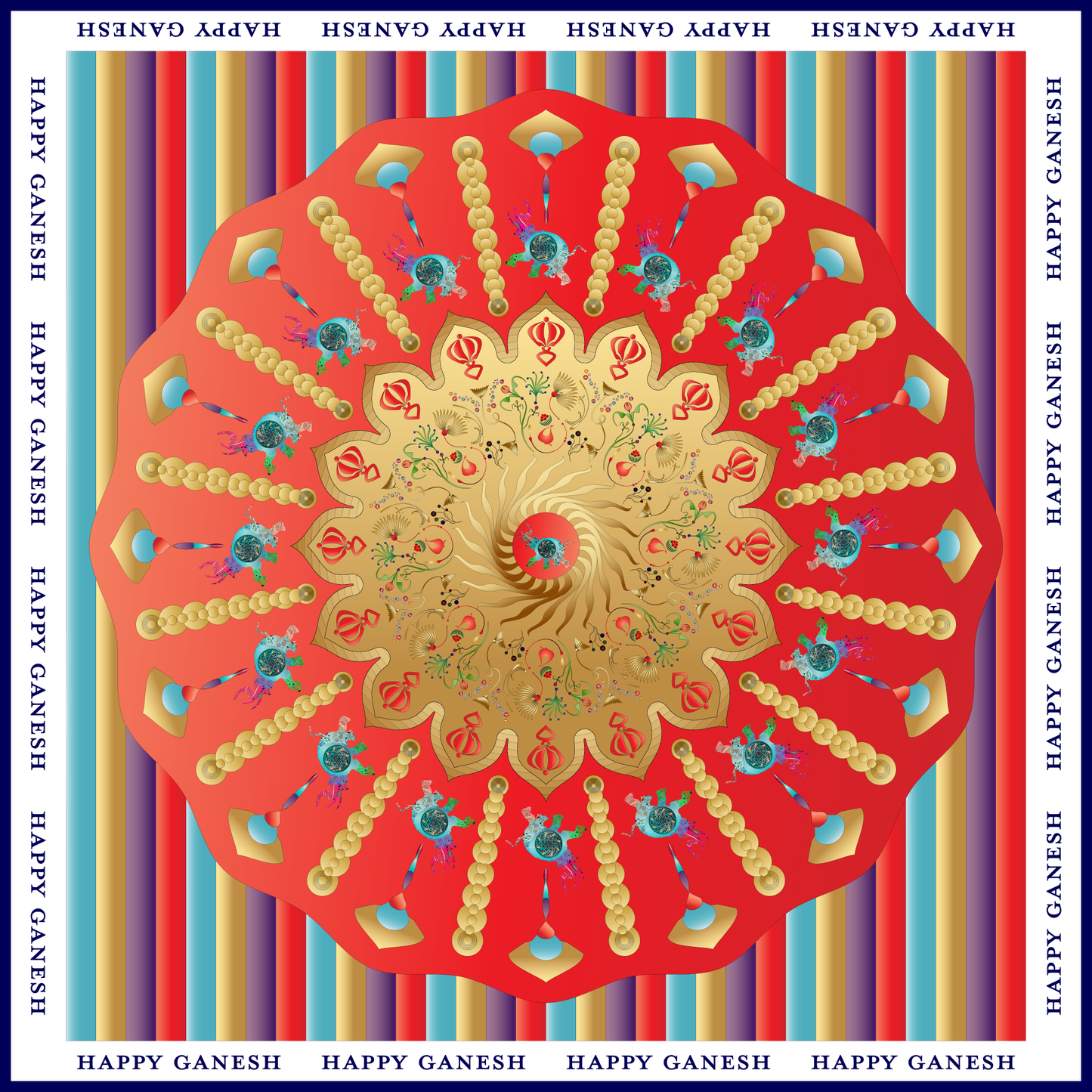 100% Silk Charmeuse Square Scarf Happy Ganesha Red Gold Mandala