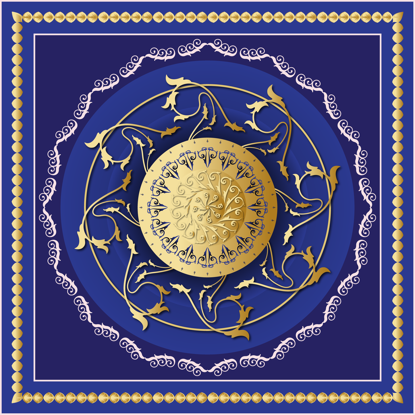 100% Silk Charmeuse Square Scarf Mandala Blue and Gold