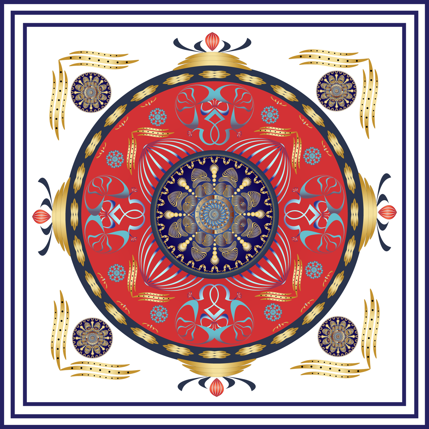 100% Silk Charmeuse Square Scarf Mandala Delight Red and Blue