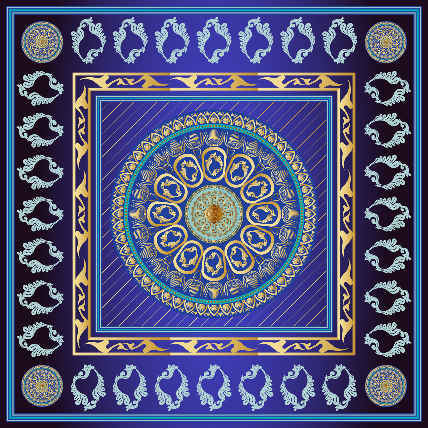 100% Silk Charmeuse Square Scarf Mandala in Blue