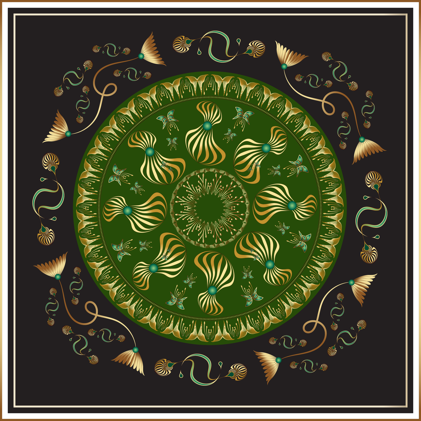 100% Silk Charmeuse Square Scarf Mandala in Green with Butterflies