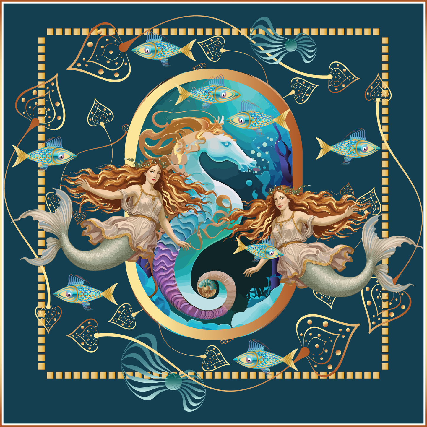 100% Silk Charmeuse Square Scarf Mermaids and Friends