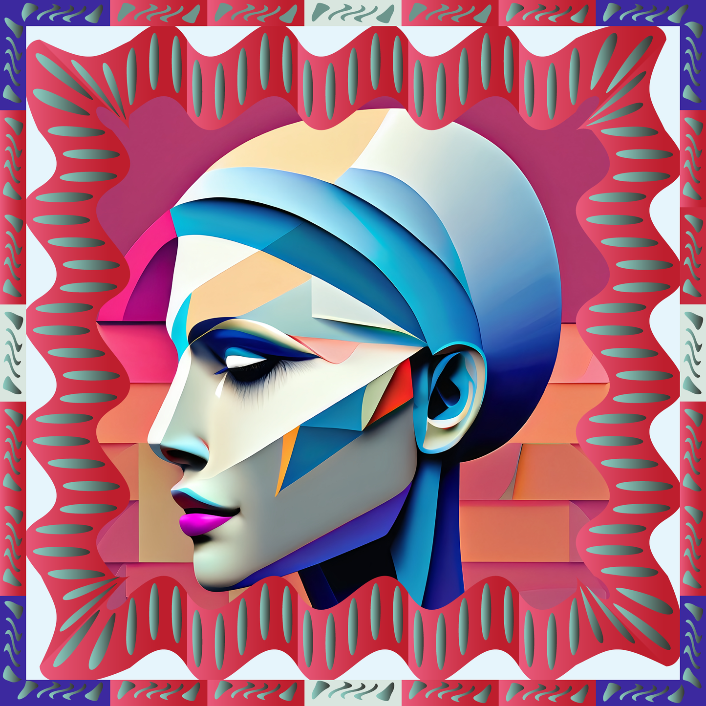 100% Silk Charmeuse Square Scarf Modern Cubist Lady