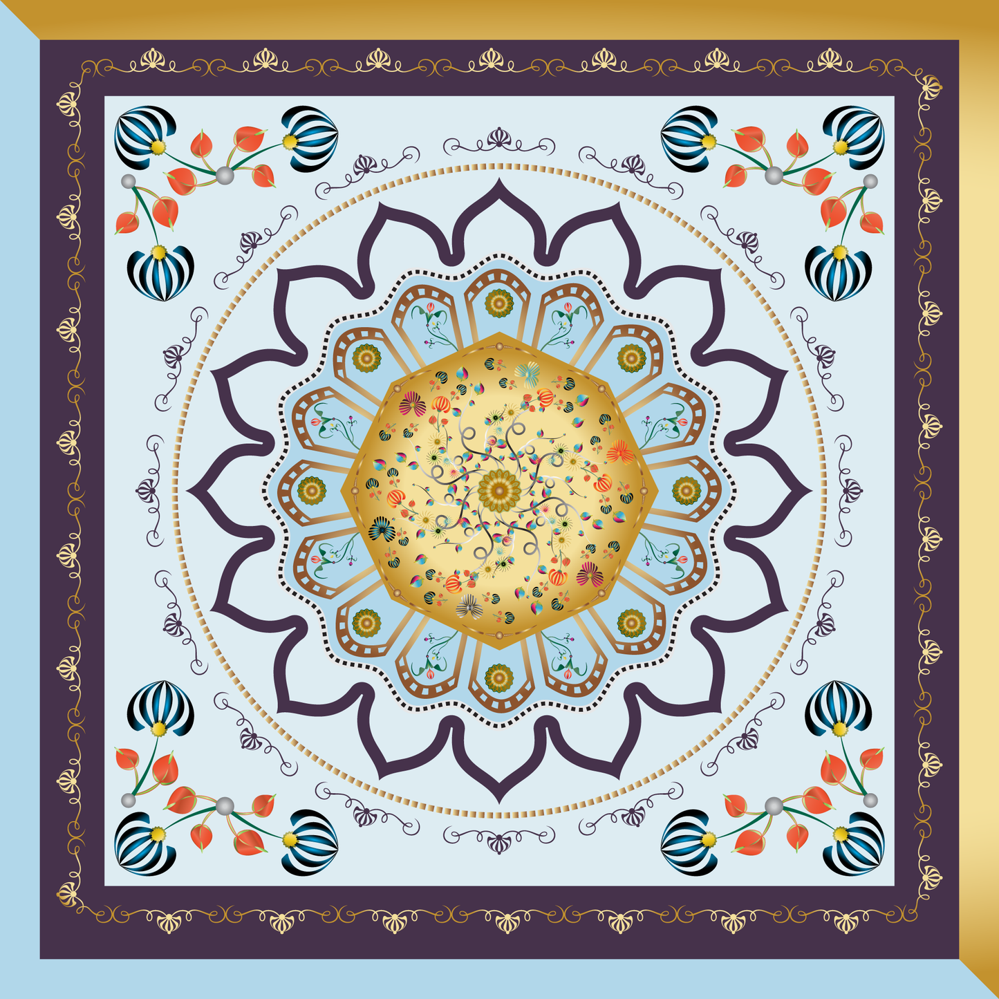 100% Silk Charmeuse Square Scarf Modern Mandala Aqua Gold No 2