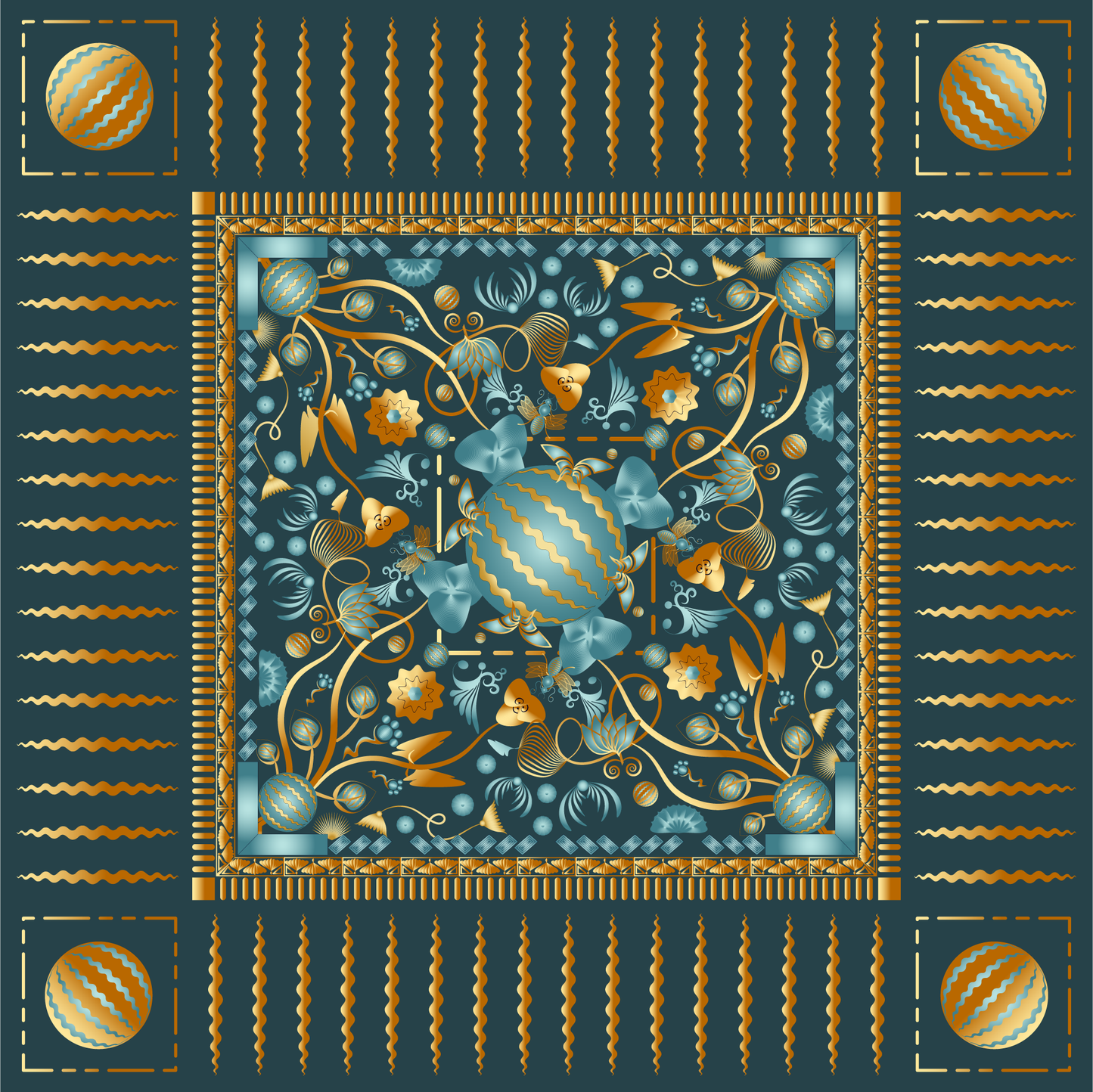 100% Silk Charmeuse Square Scarf Modern Mandala Aqua Gold No 6