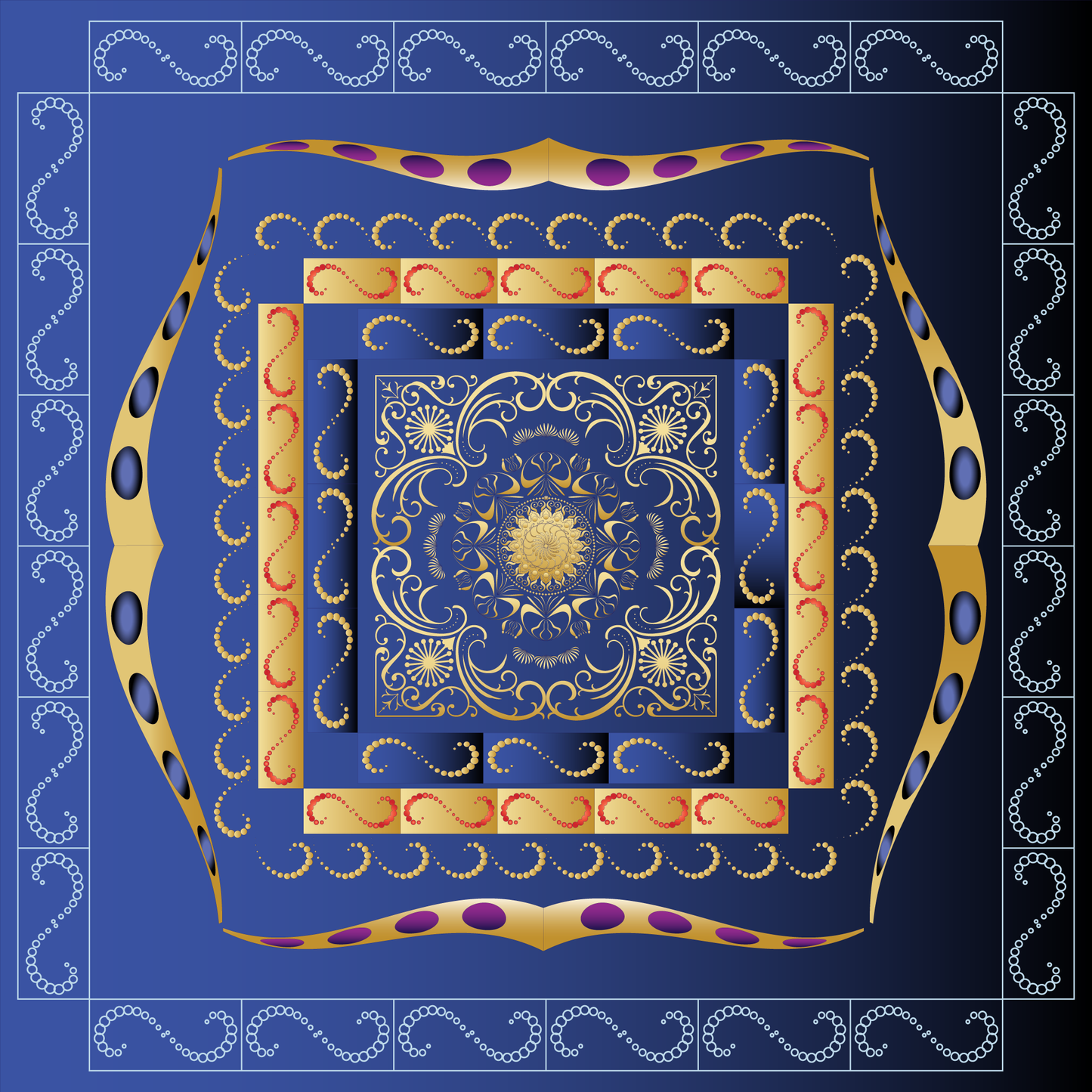 100% Silk Charmeuse Square Scarf Modern Mandala Blue Gold No 8