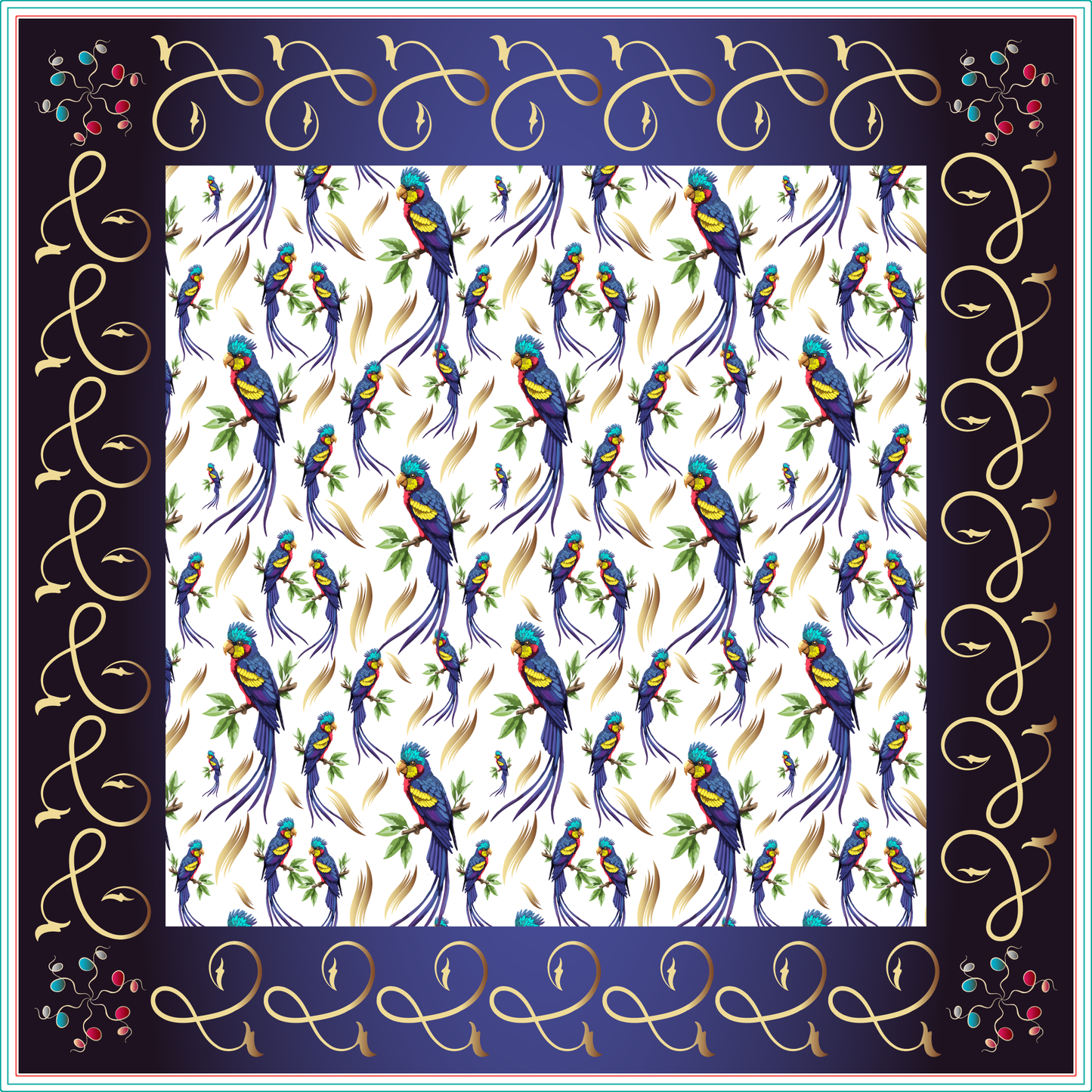 100% Silk Charmeuse Square Scarf Parrots in Blue