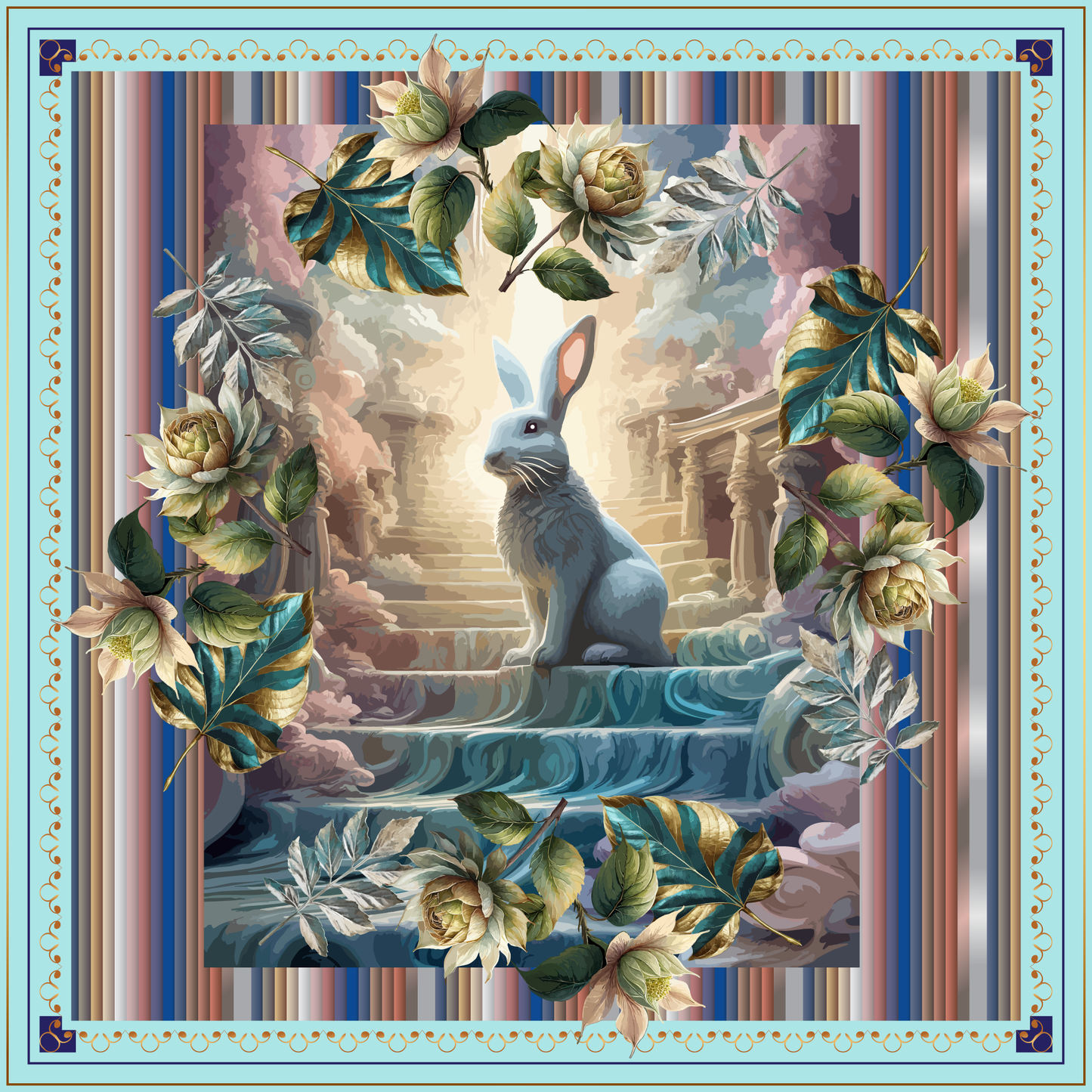 100% Silk Charmeuse Square Scarf Rabbit Stairway