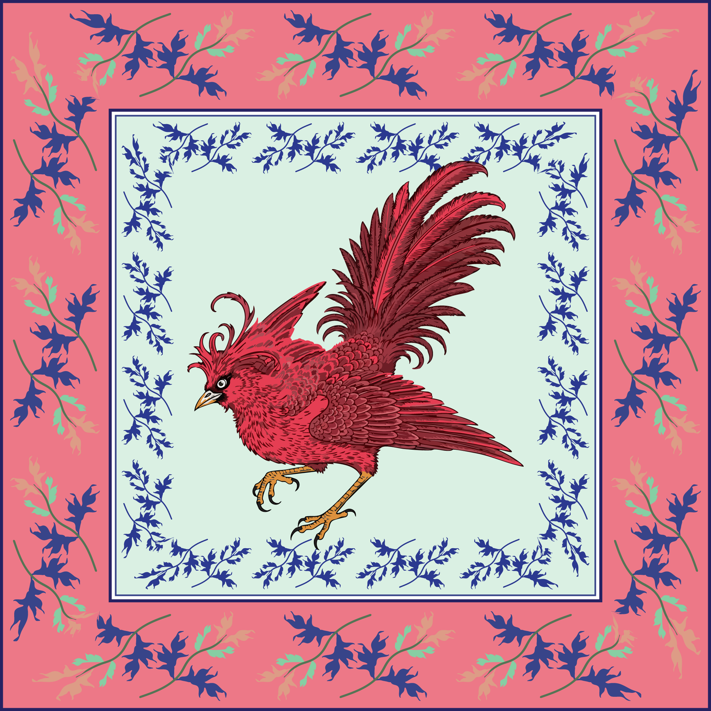 100% Silk Charmeuse Square Scarf Red Bird