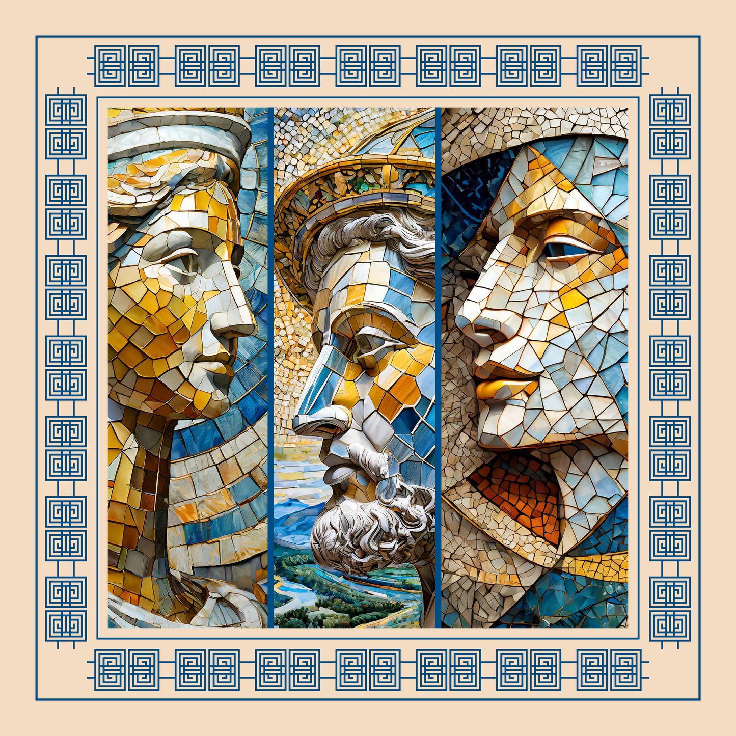 100% Silk Charmeuse Square Scarf Roman Mosaic Triptych No 1