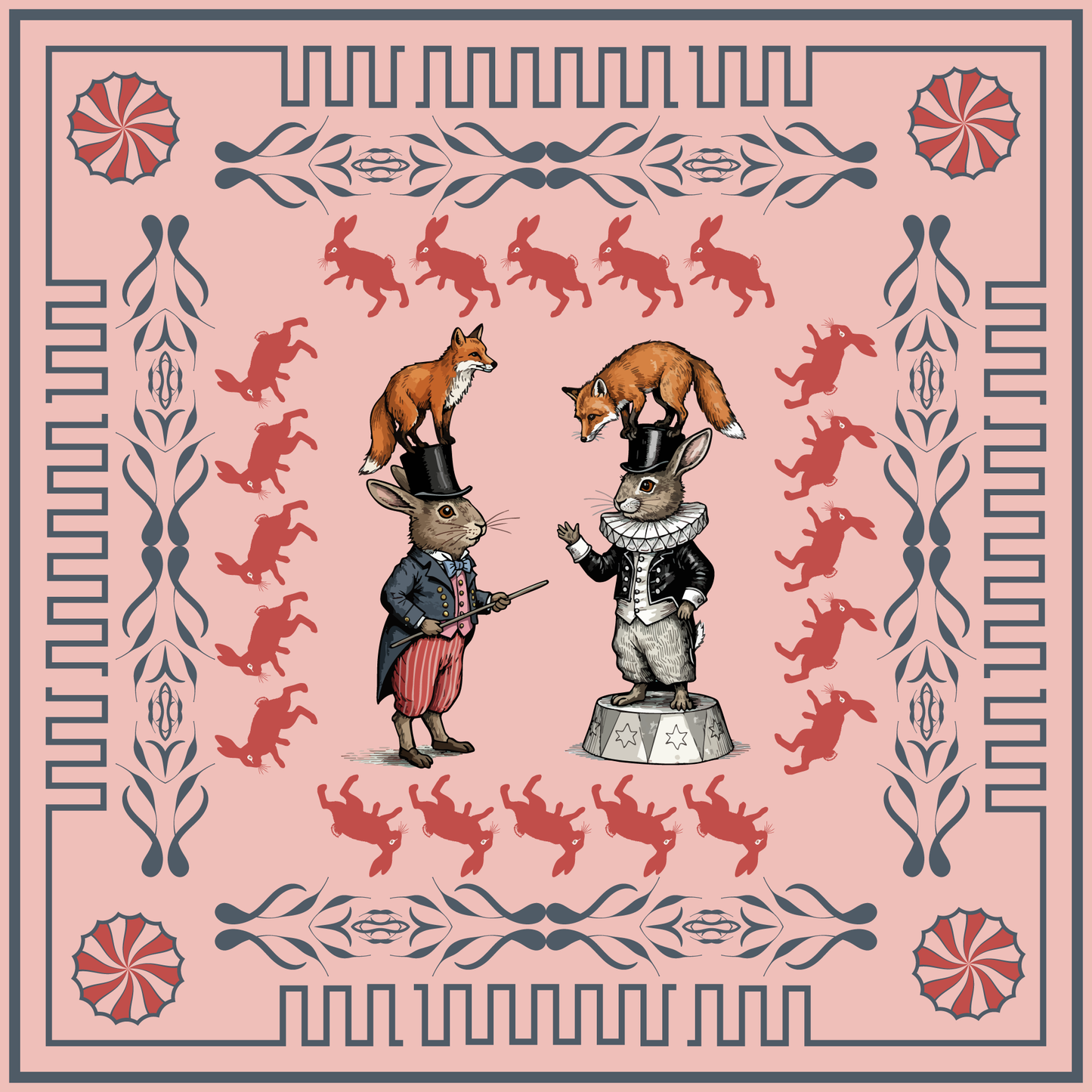 100% Silk Charmeuse Square Scarf The Rabbit Circus No 1