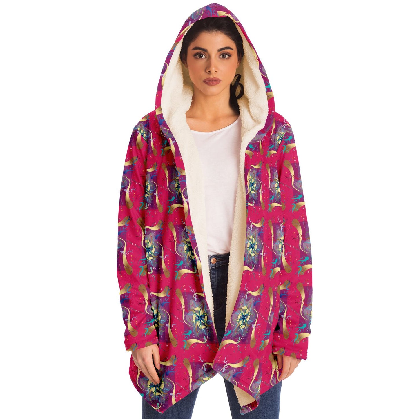 Microfleece Cloak - AOP Kukloso Whimsical No 27 Aqua, Gold Mandala on Magenta - Free Shipping