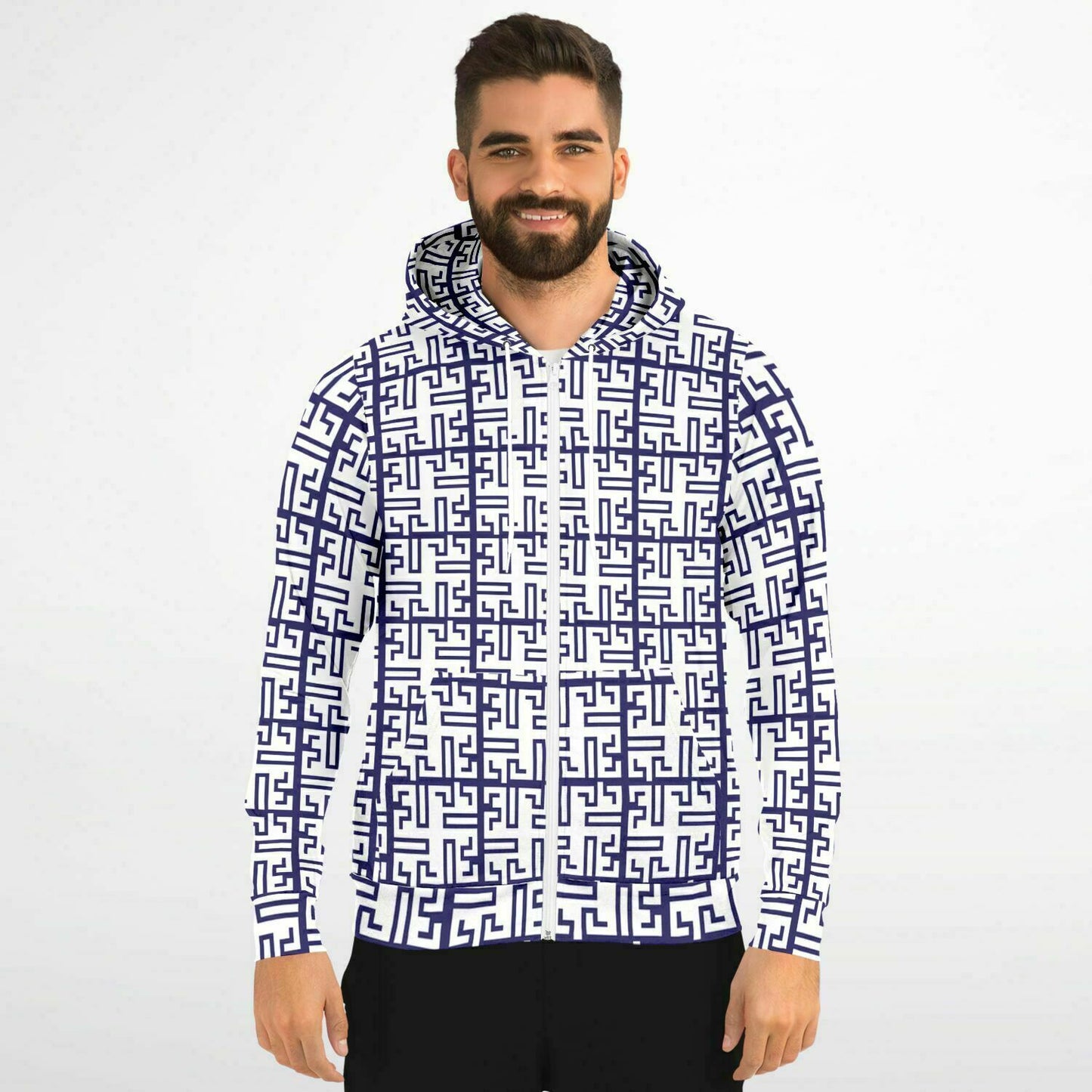 Fashion Zip-Up Hoodie - AOP Kukloso Greek Border No 53 Navy on White - Free Shipping