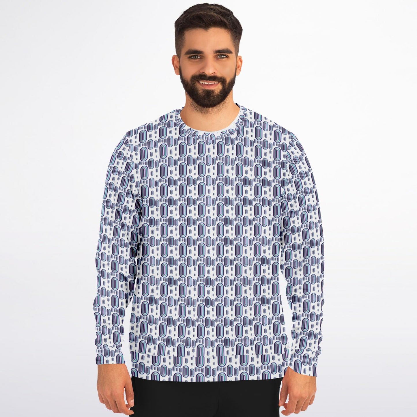 Athletic Sweatshirt - AOP Kukloso Abstractical No 93 Navy, Aqua, Pink shapes on White - Free Shipping