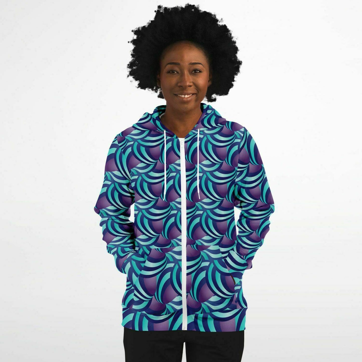 Fashion Zip-Up Hoodie - AOP Kukloso Ice Cream Swirls Aqua and Purple - Free Shipping