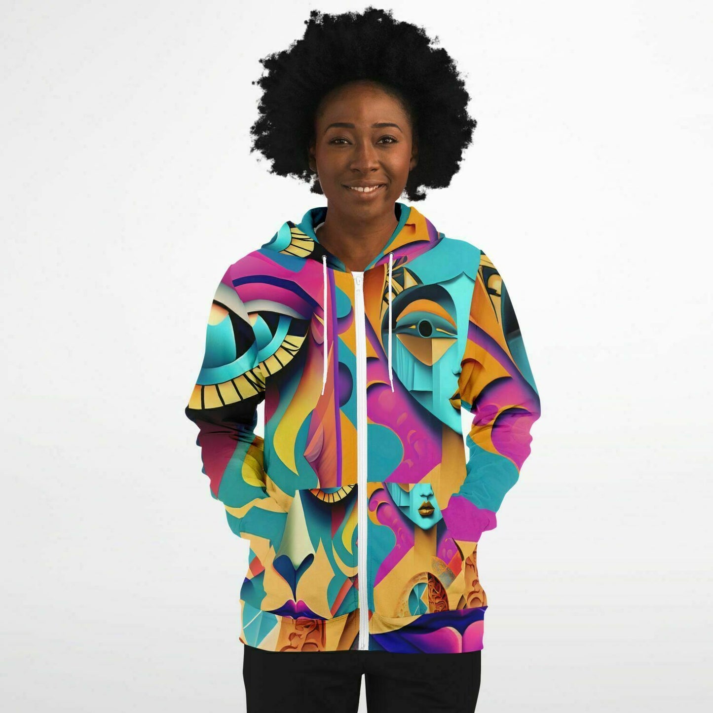 Fashion Zip-Up Hoodie - AOP Kukloso Cubist Faces No 6 Multicolored - Free Shipping