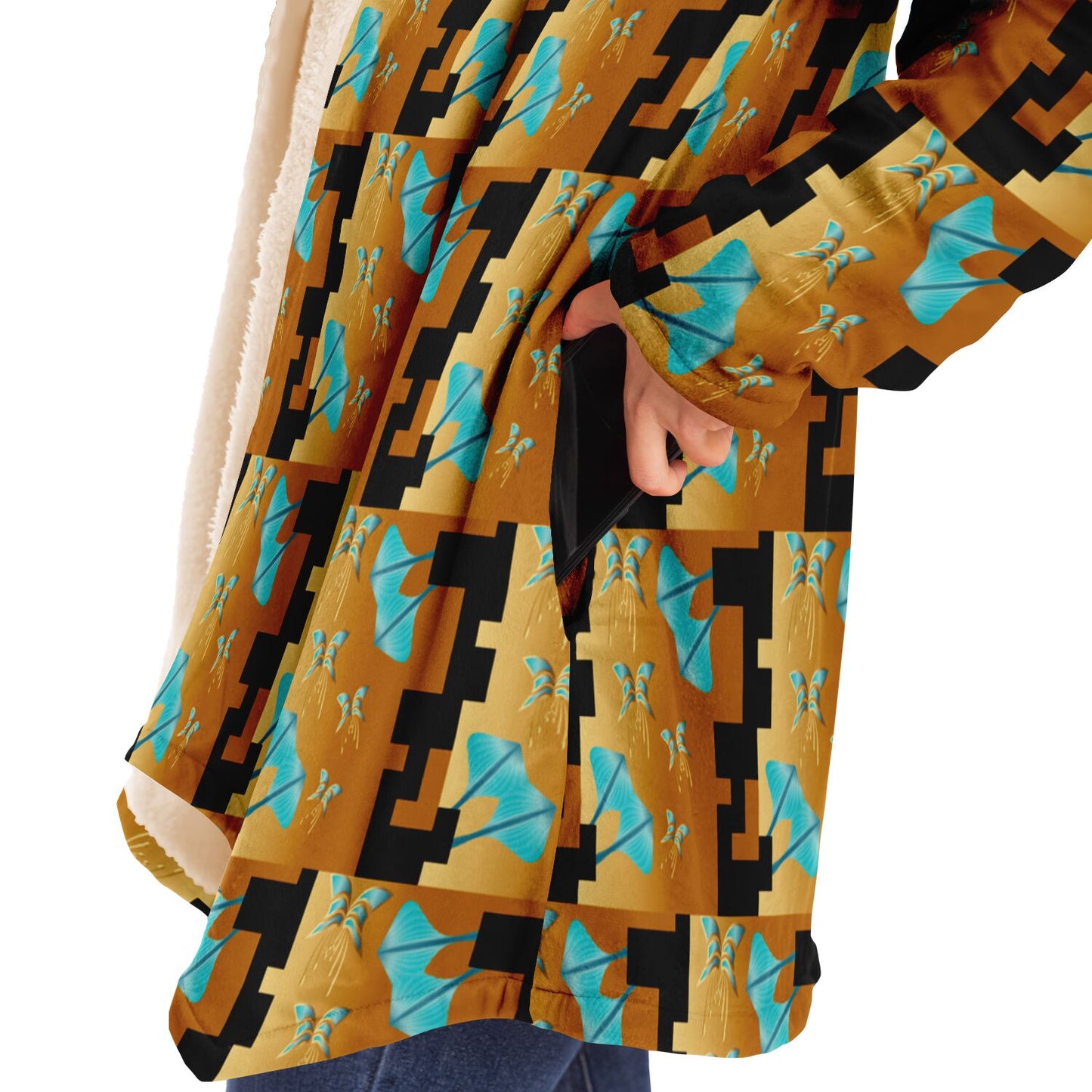 Microfleece Cloak - AOP Kukloso Whimsical No 43 Abstract Moth design, Gold & Turwuoise on Black - Free Shipping