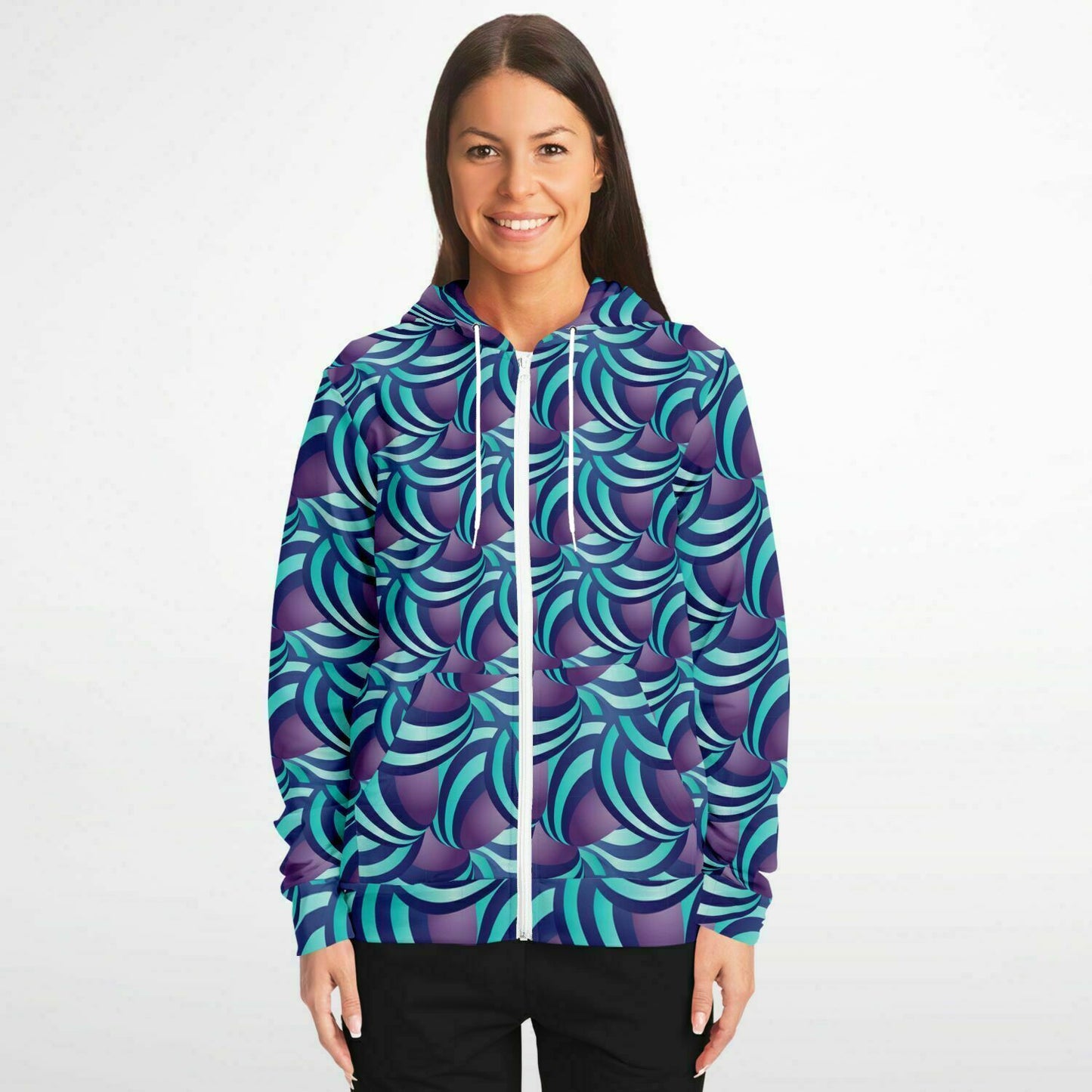 Fashion Zip-Up Hoodie - AOP Kukloso Ice Cream Swirls Aqua and Purple - Free Shipping