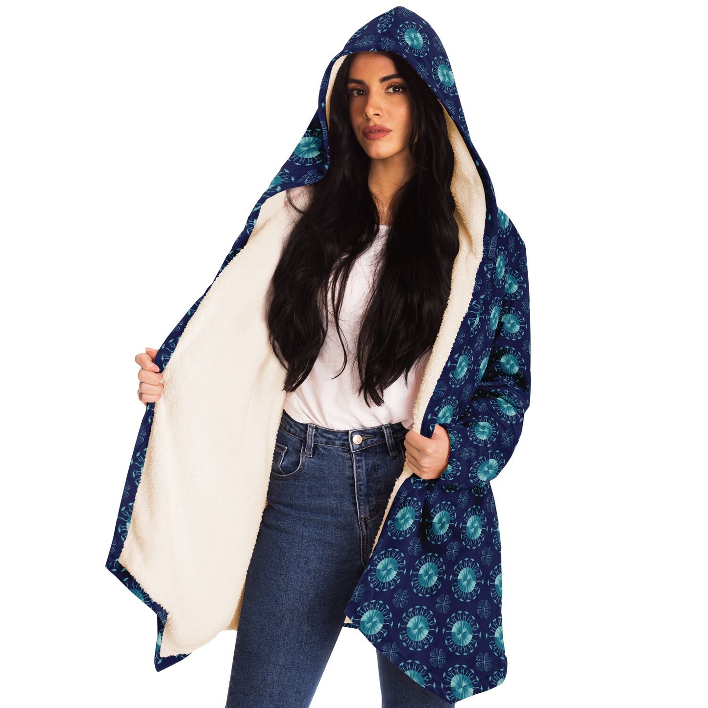 Microfleece Cloak - AOP Kukloso Whimsical No 34 Aqua-Colored Mini-Mandalas on Navy - Free Shipping