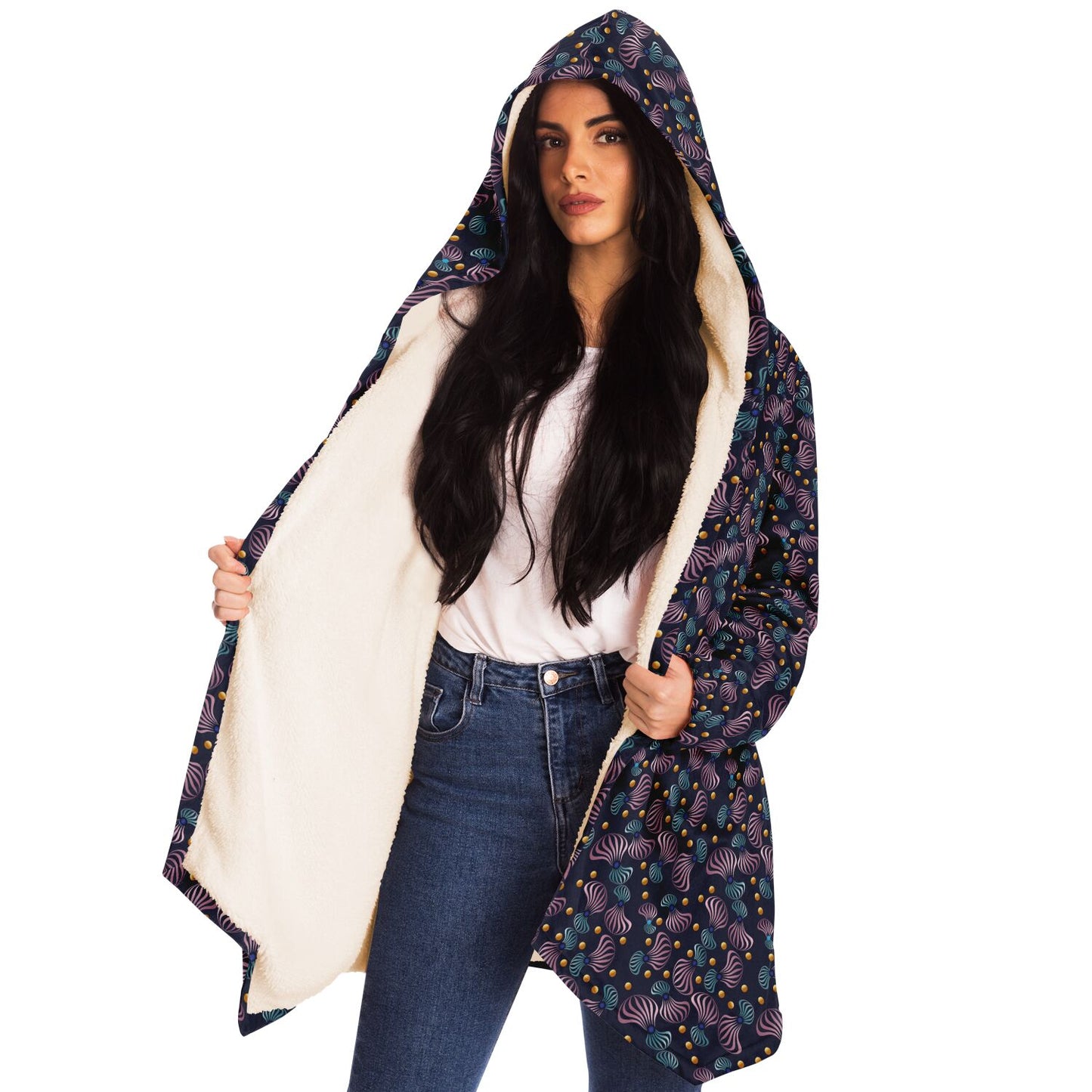 Microfleece Cloak - AOP Kukloso Whimsical No 81 Pink, Aqua, Gold on Navy - Free Shipping